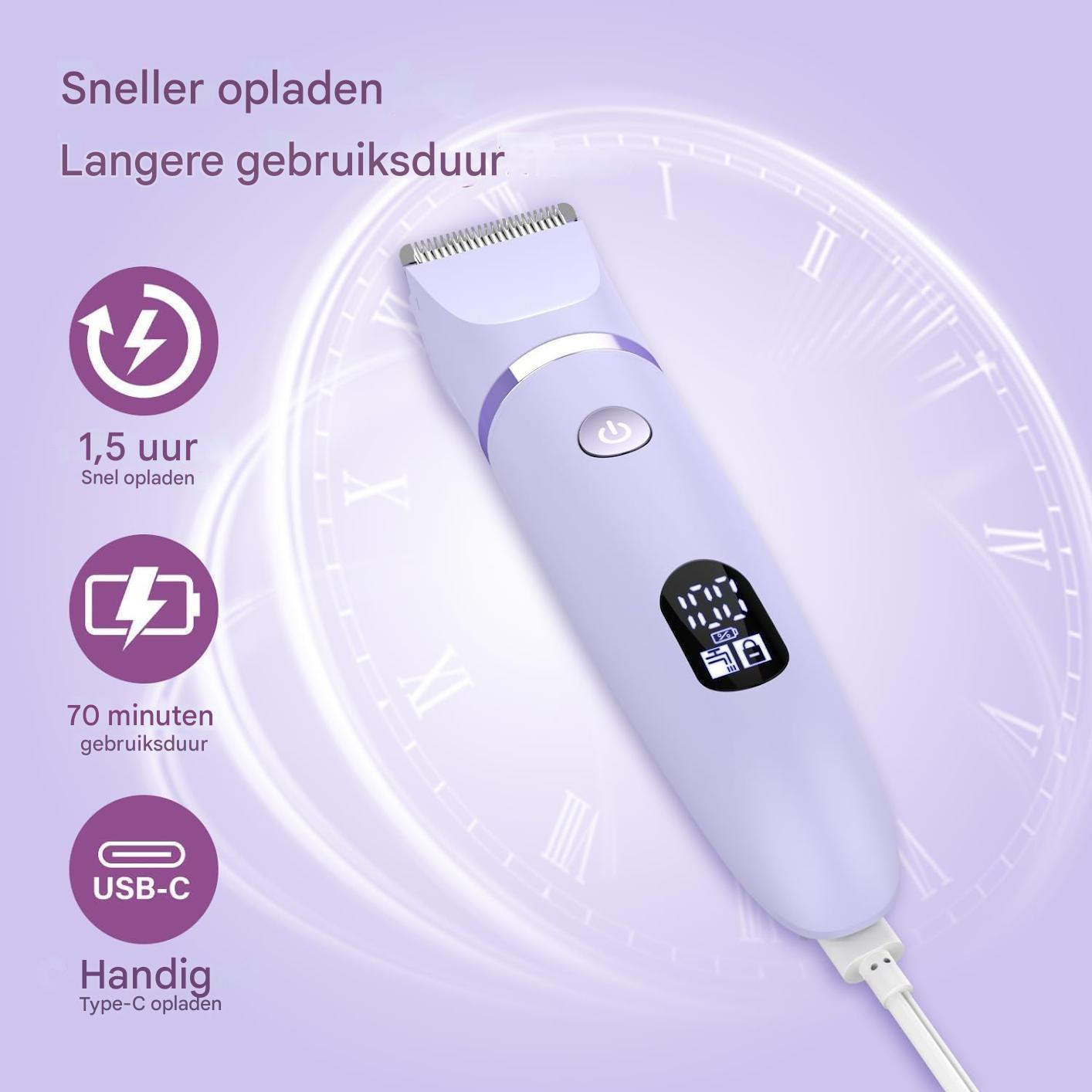 Ein lila Haarschneider mit einem digitalen Display, USB-C-Anschluss und Ladeanzeigen.