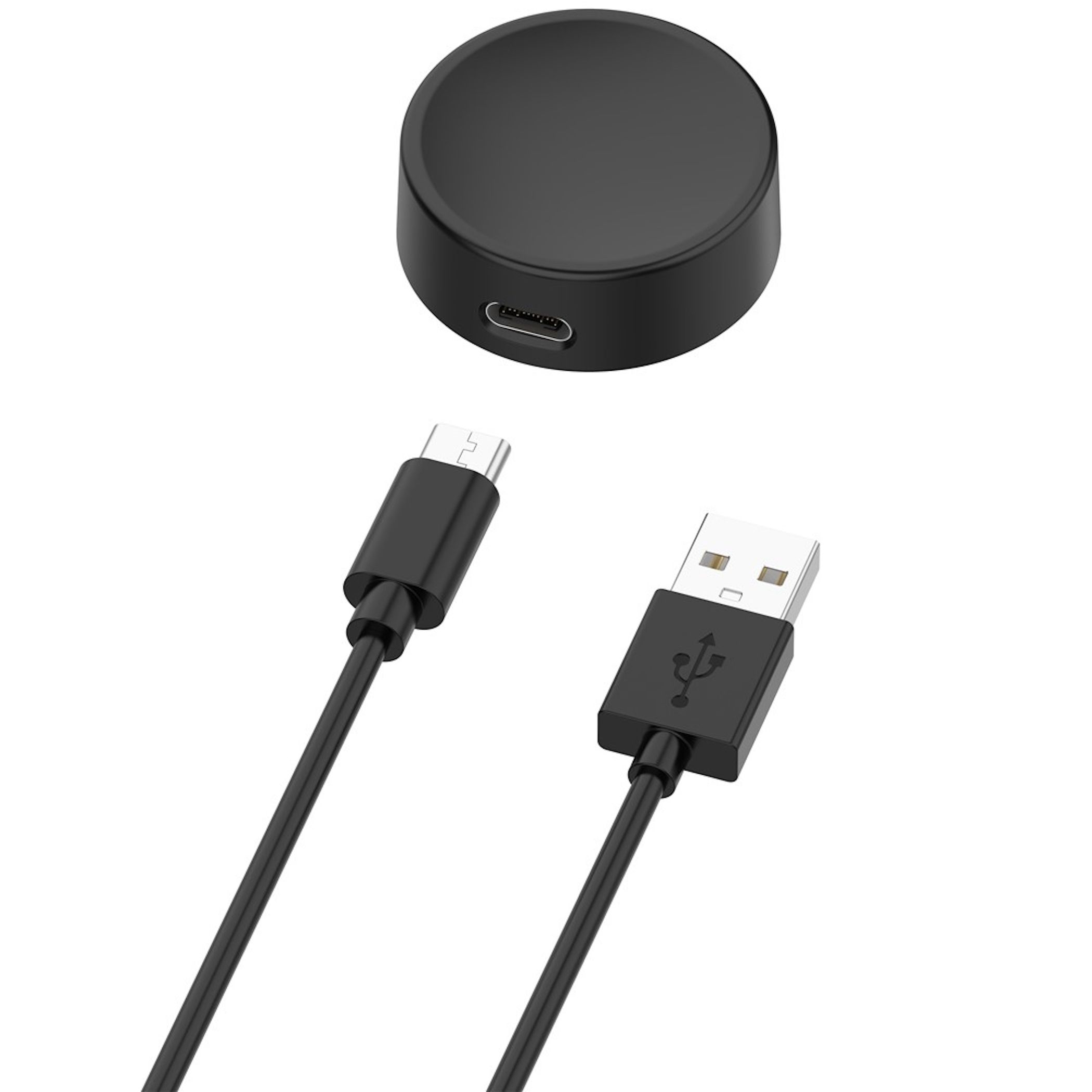 Ein schwarzes rundes Gerät mit USB-C-Anschluss und zwei schwarzen USB-Kabeln.