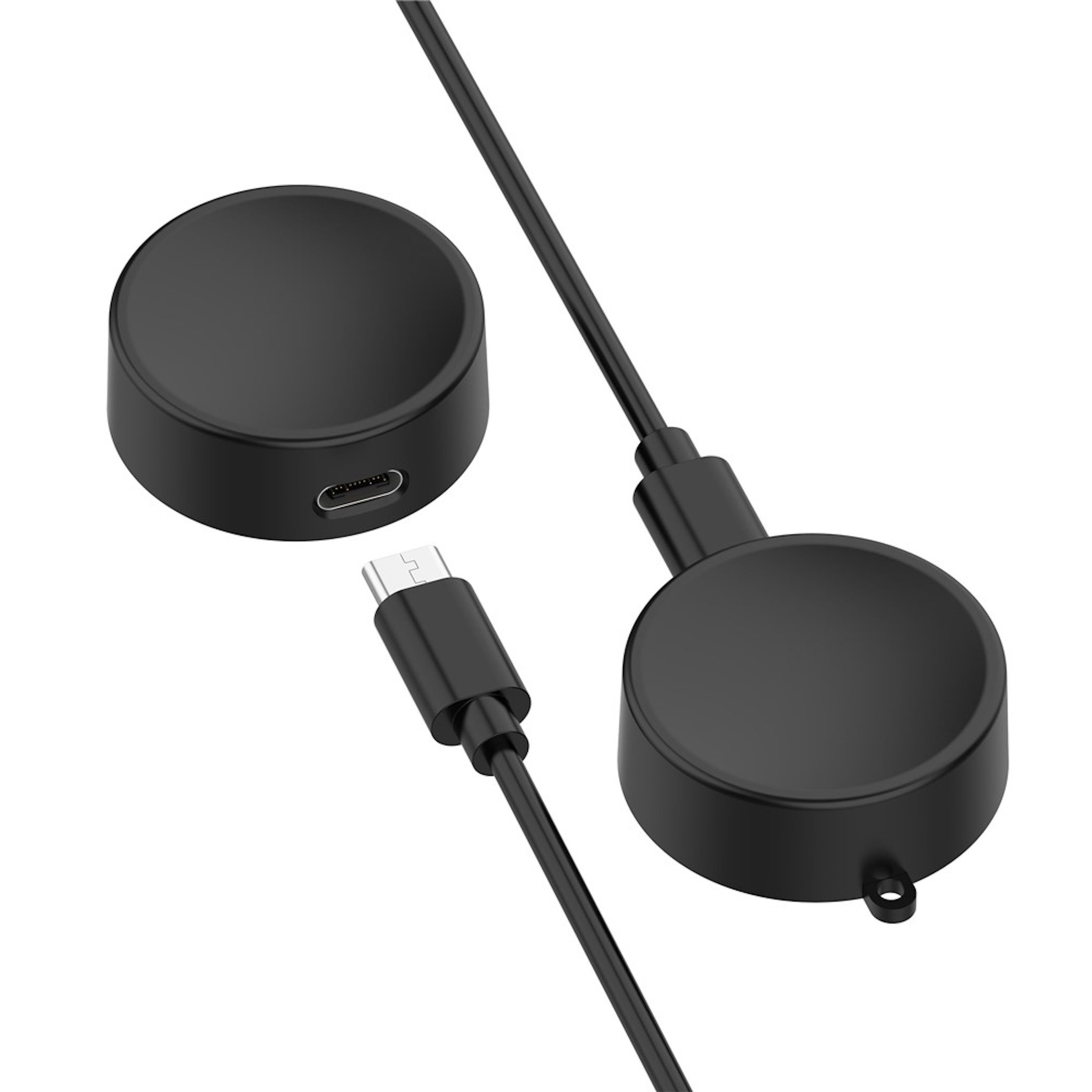 Zwei schwarze, runde Ladestationen mit USB-C-Anschluss und Kabel.
