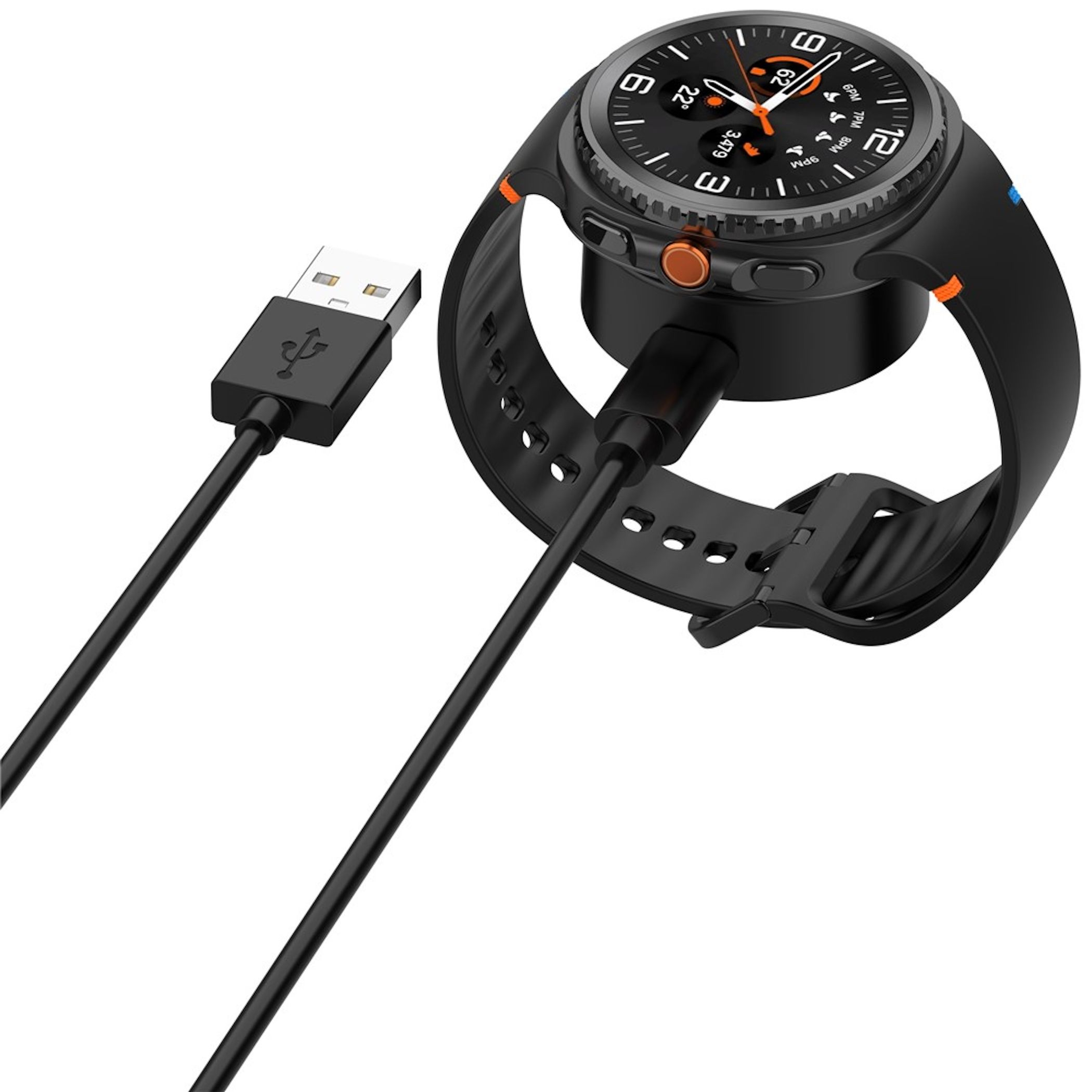 Schwarze Smartwatch mit USB-Ladekabel, Nahaufnahme.