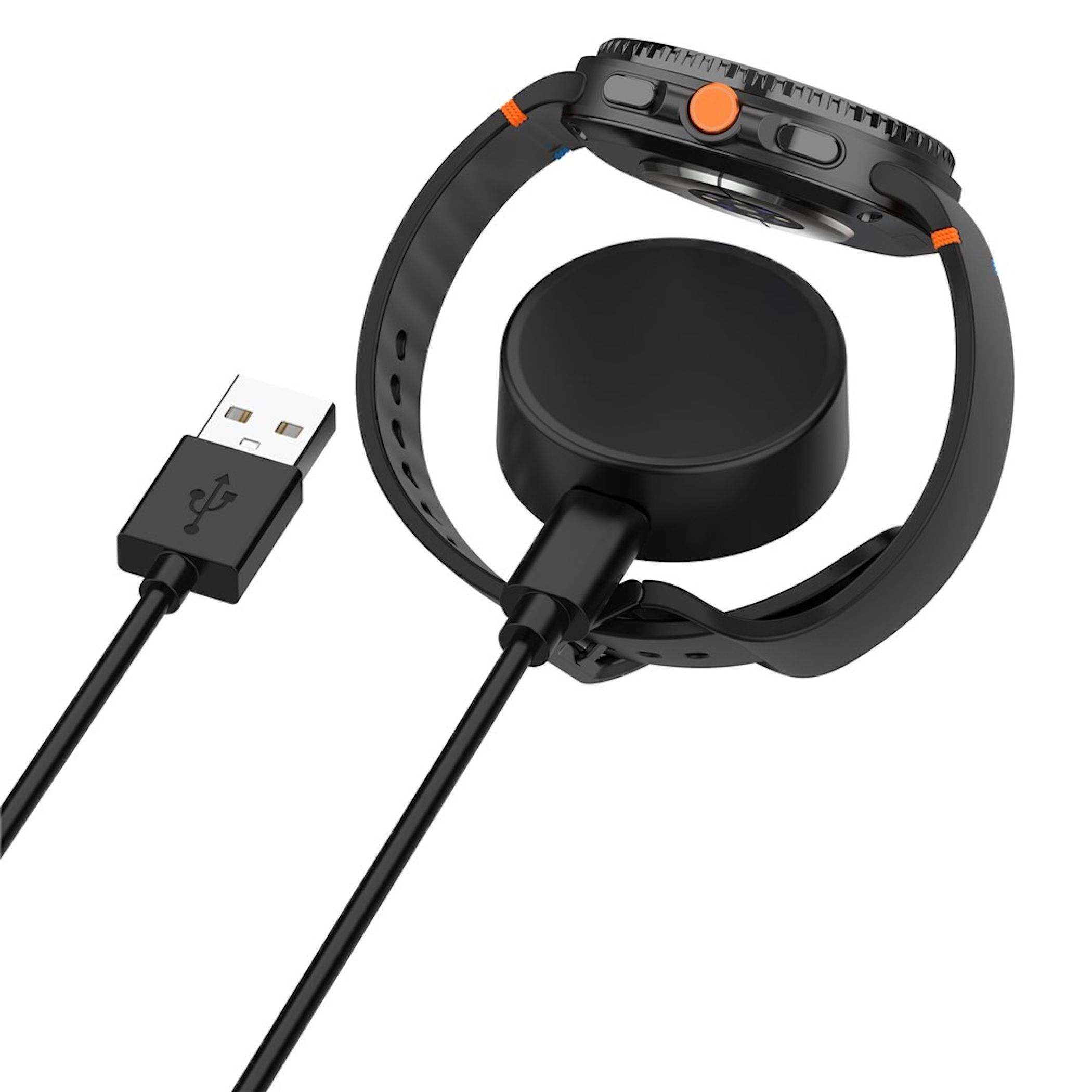 Schwarze Smartwatch wird mit USB-Ladegerät aufgeladen, Nahaufnahme.