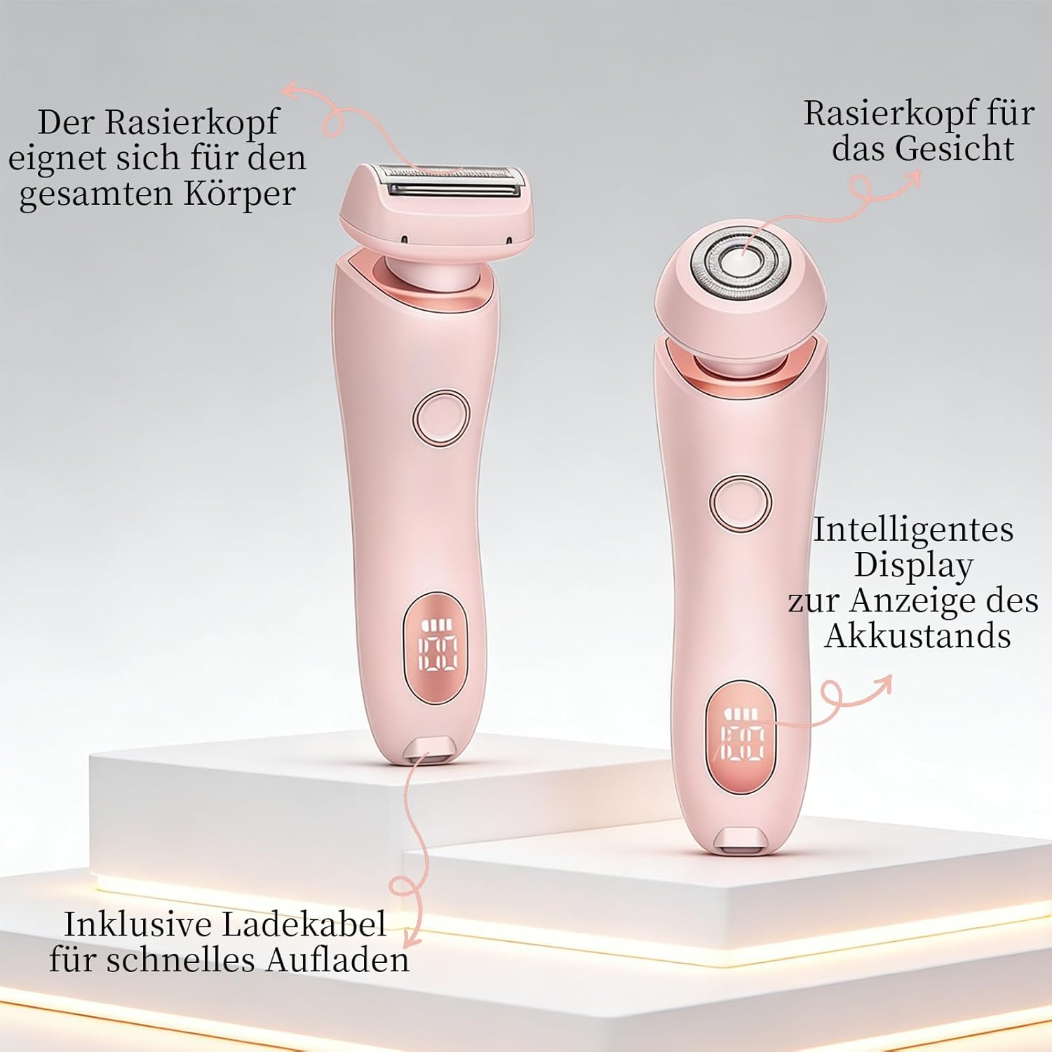 Zwei rosafarbene Epilierer mit verschiedenen Aufsätzen auf weißen Podesten.