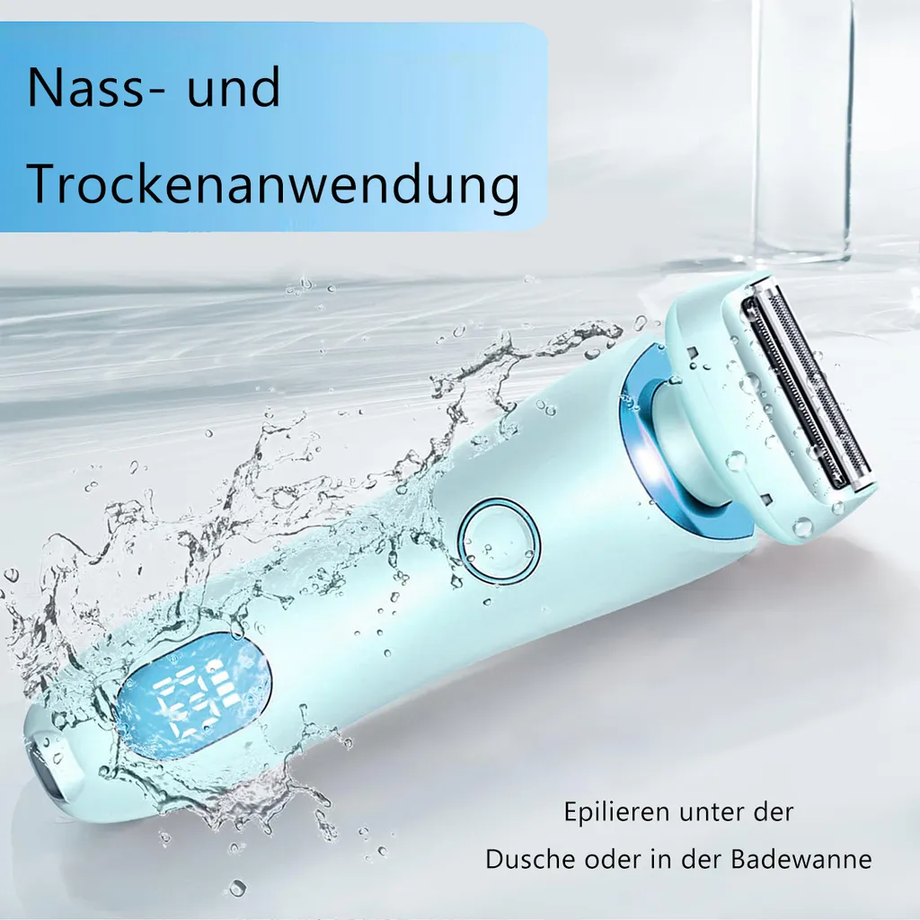 Ein hellblaues Epiliergerät mit Wasser spritzt, für Nass- und Trockenanwendung.