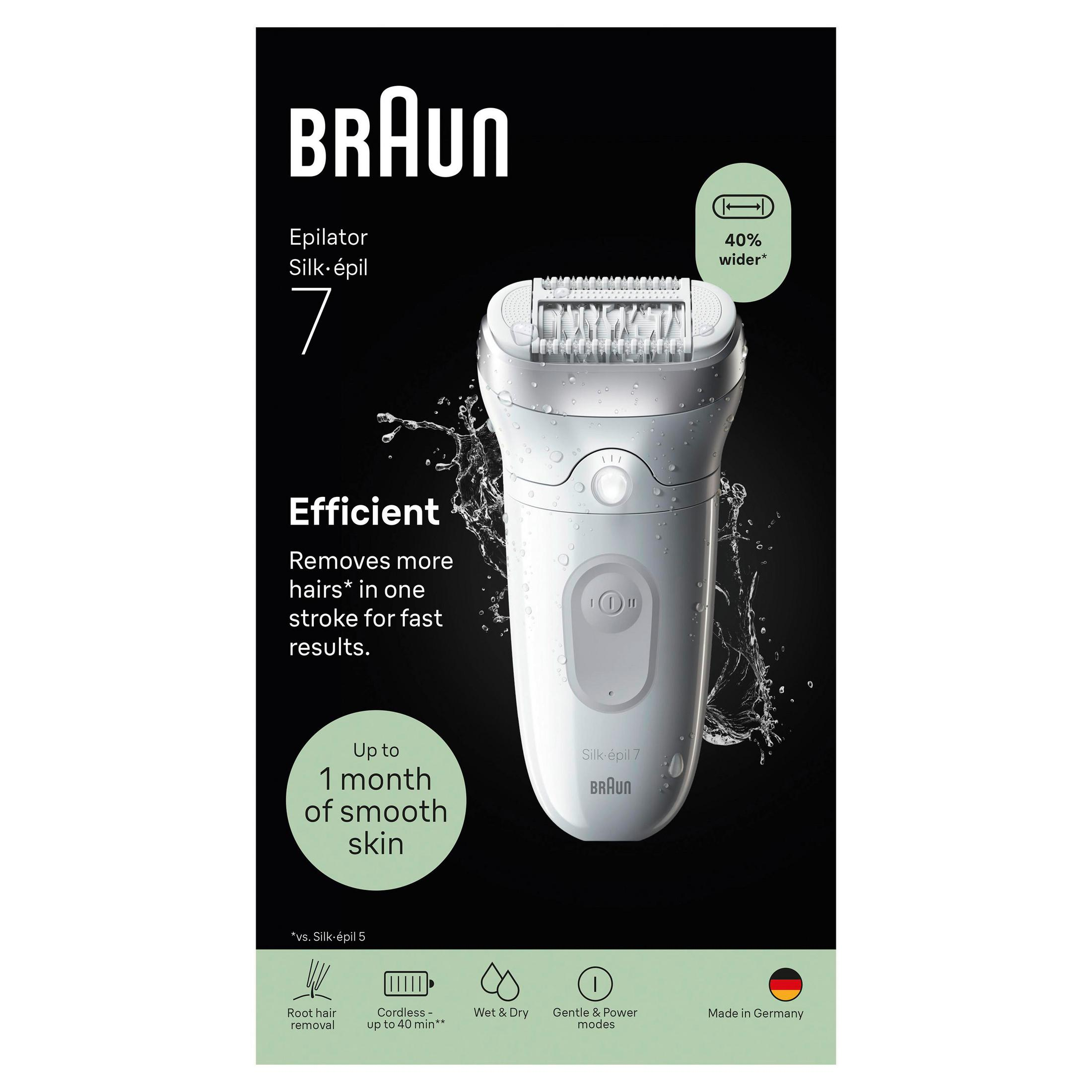 Un epilatore Braun Silk-épil 7 bianco con schizzi d'acqua. Efficiente, 40% più largo.