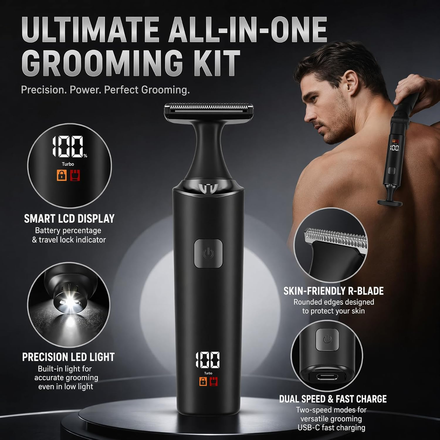Ein Mann benutzt einen schwarzen All-in-One-Grooming-Kit mit LCD-Display und LED-Licht.