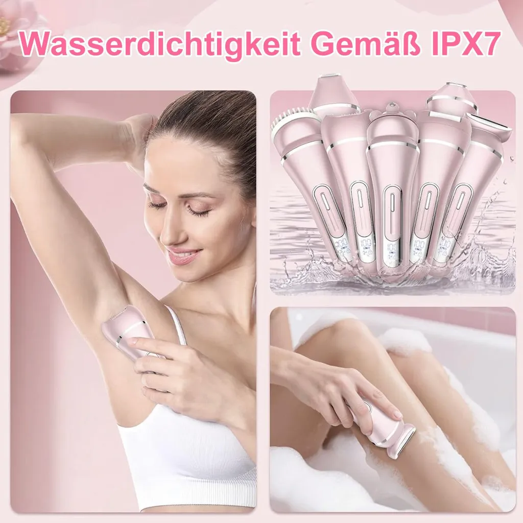 Frau rasiert Achseln; Rosa Rasierer in Wasser; Beine in Schaumbad.