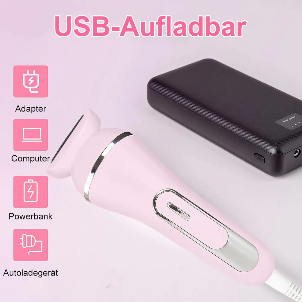 Ein pinker Rasierer mit USB-Ladeoptionen und ein schwarzes Powerbank daneben.