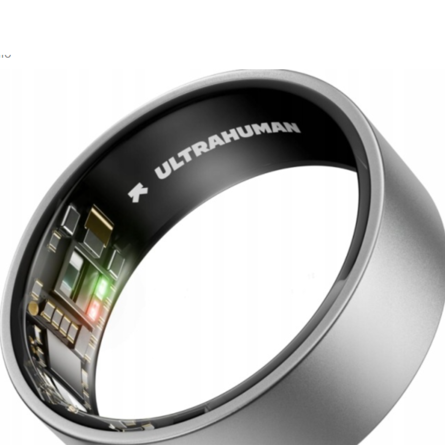Silberner Ring mit „ULTRAHUMAN“ und leuchtenden grünen und roten LEDs auf der Innenseite.