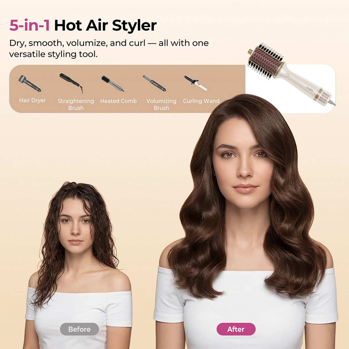 Vorher und Nachher einer Frau mit nassen Haaren und gestylten Wellenhaaren, die einen 5-in-1-Styler zeigt.