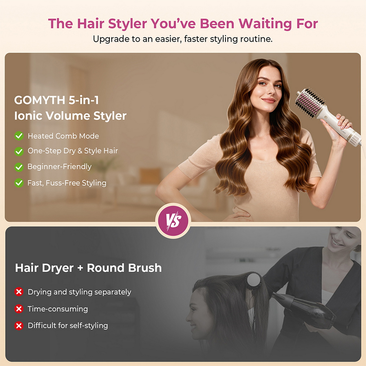 Frau mit welligem Haar hält einen 5-in-1-Styler. Vergleich mit Haartrockner + Bürste.