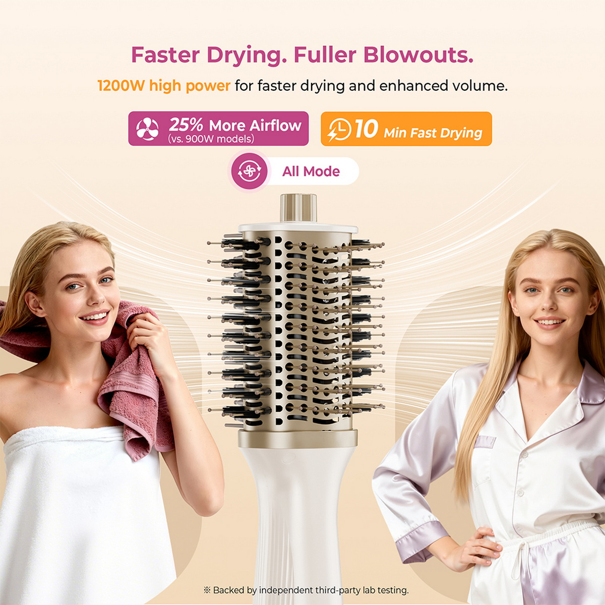 Zwei Frauen neben einem Lockenstab-Haartrockner. Ein Trocknen, schnelleres Styling.