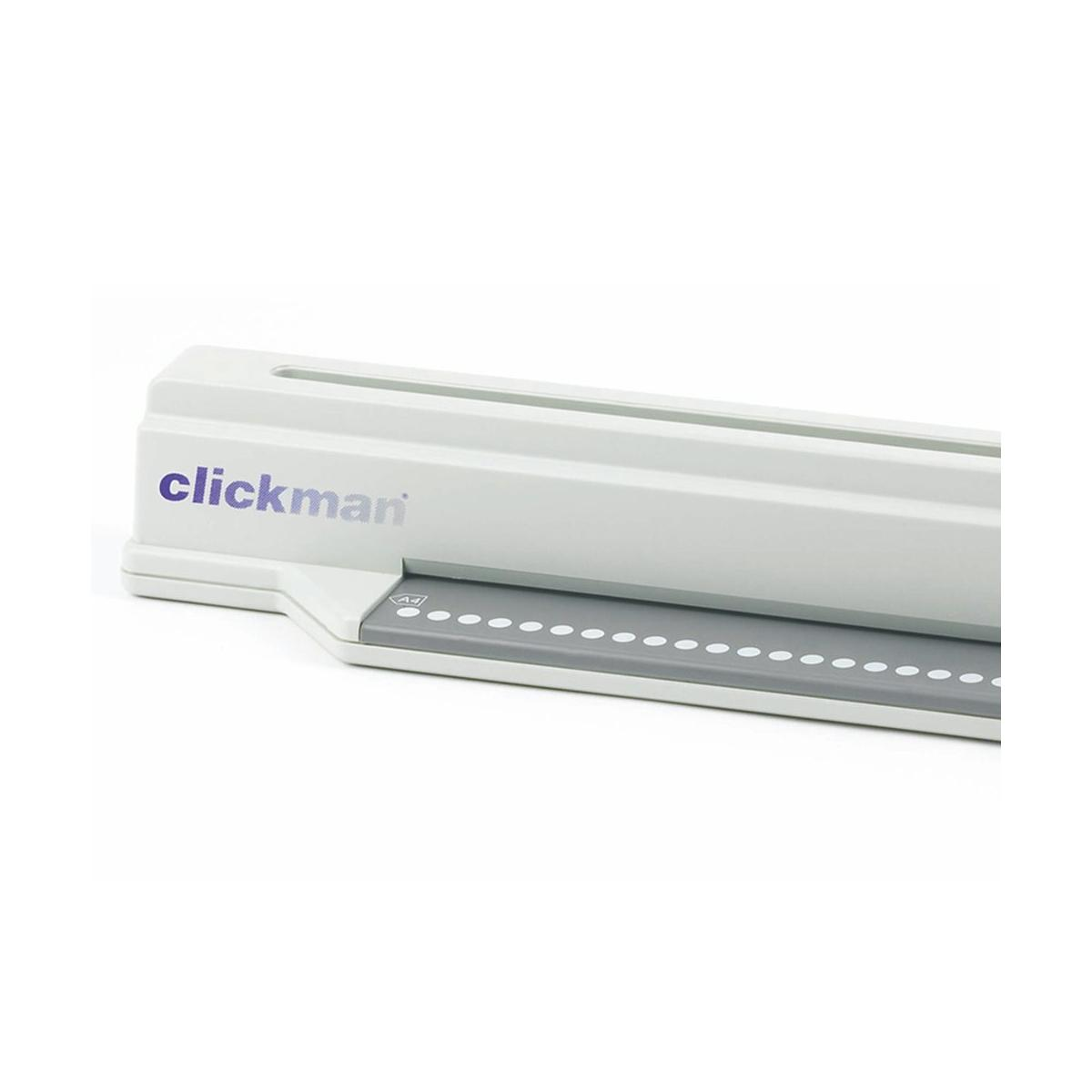 Distruggidocumenti Clickman grigio con perforazioni e marcatura A4.