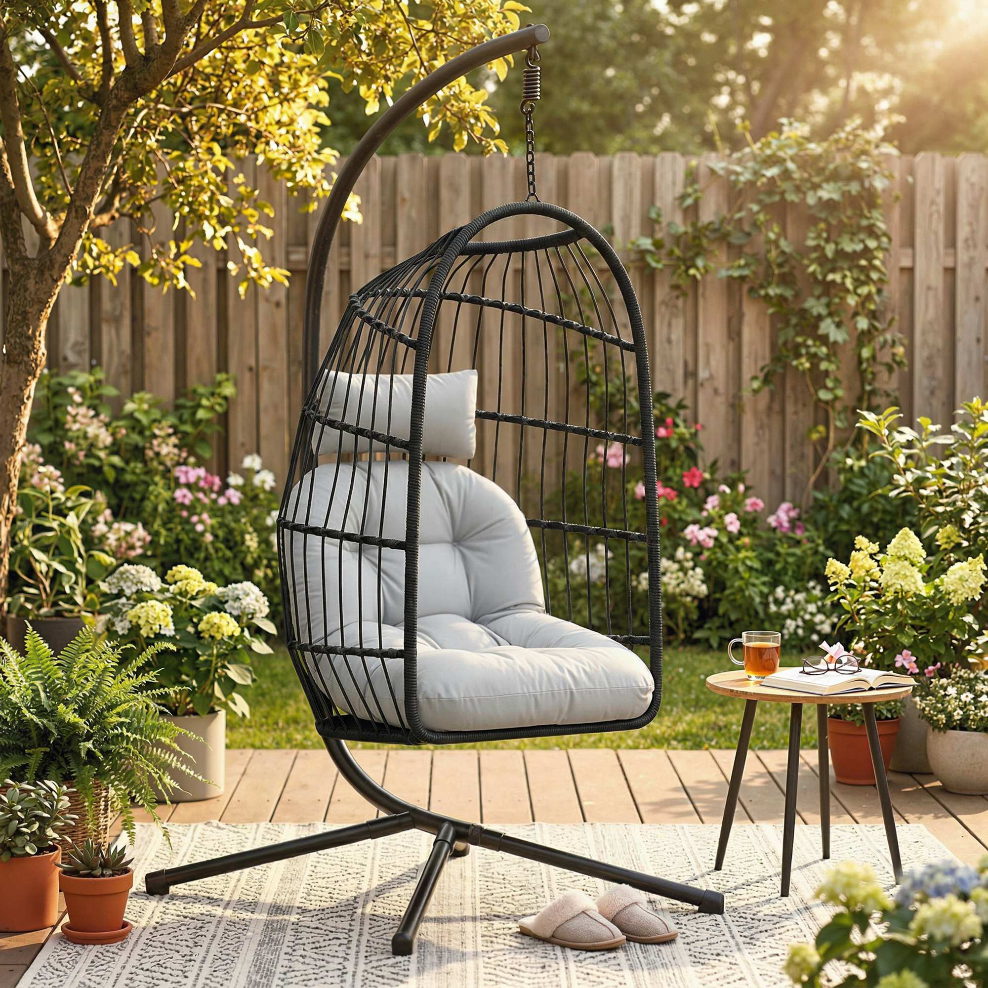 Una silla colgante tipo huevo con cojines grises se sienta en un patio junto a plantas y una mesa auxiliar.