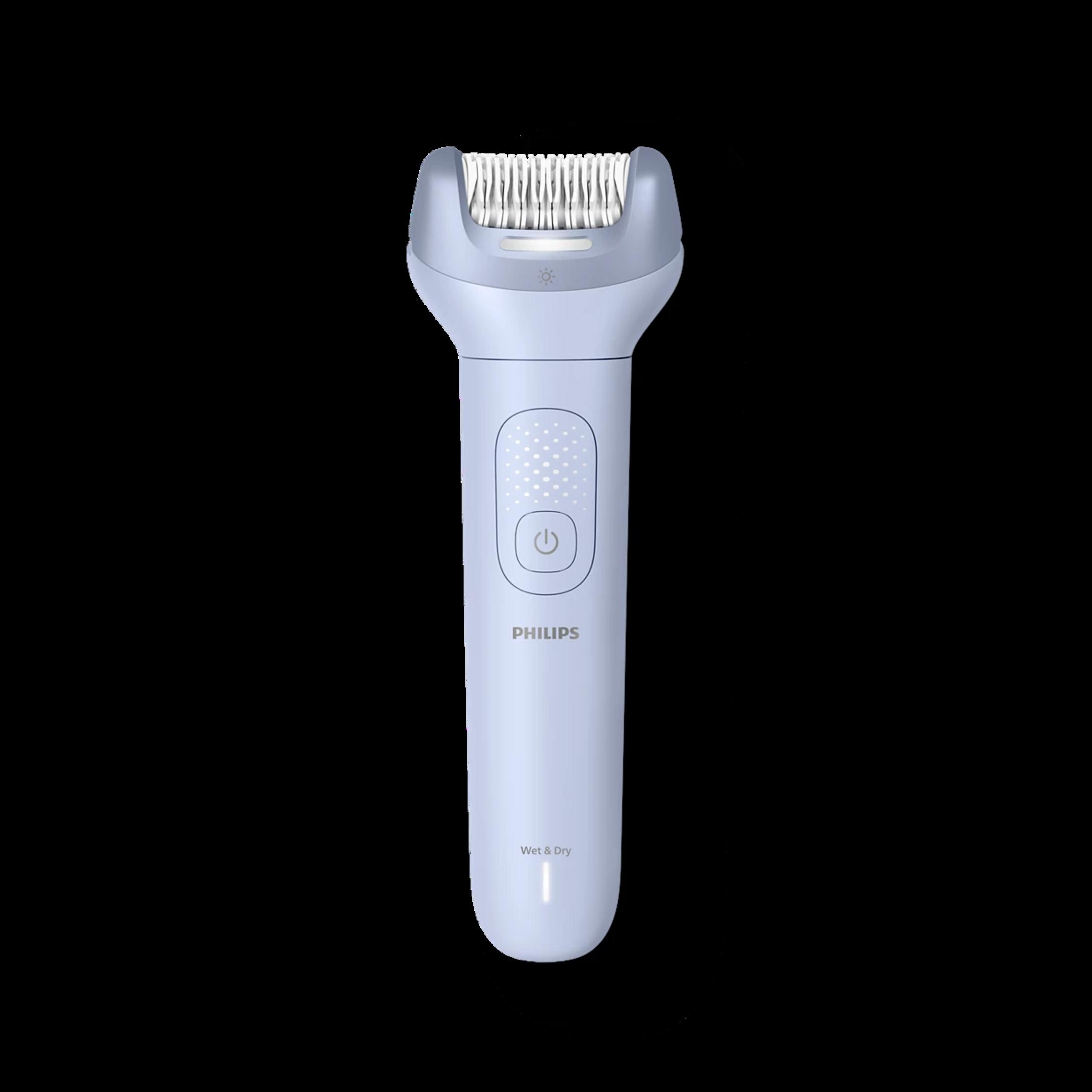 Un rasoio elettrico Philips azzurro con indicatore asciutto/bagnato e pulsante di accensione.