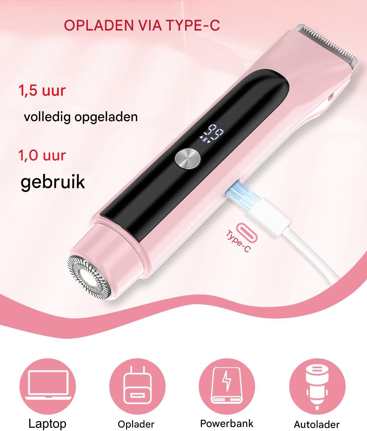 Ein pinker Haarschneider mit Typ-C-Ladeanschluss und digitaler Anzeige.