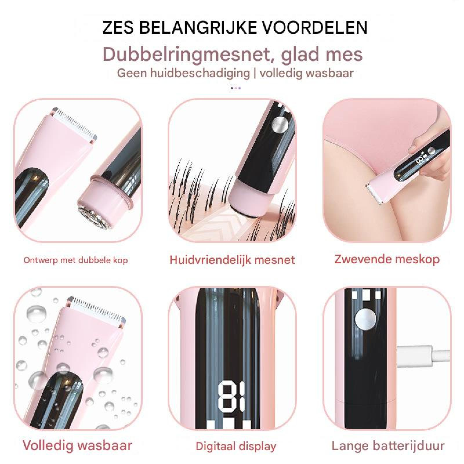 Sechs Vorteile: Doppelkopf-Design, hautfreundliches Netz, schwebender Scherkopf, waschbar, Display, lange Akkulaufzeit.