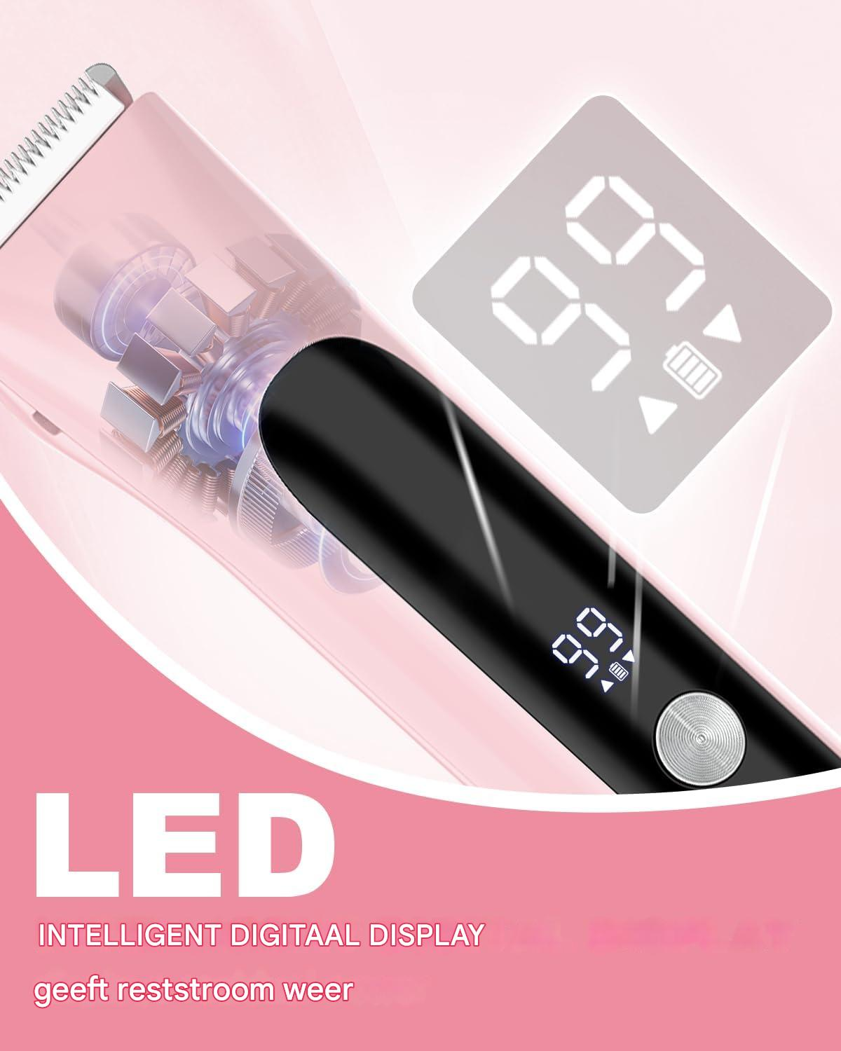 Nahaufnahme eines pink-schwarzen Elektrorasierers mit Digitalanzeige, die 97% Akku zeigt.
