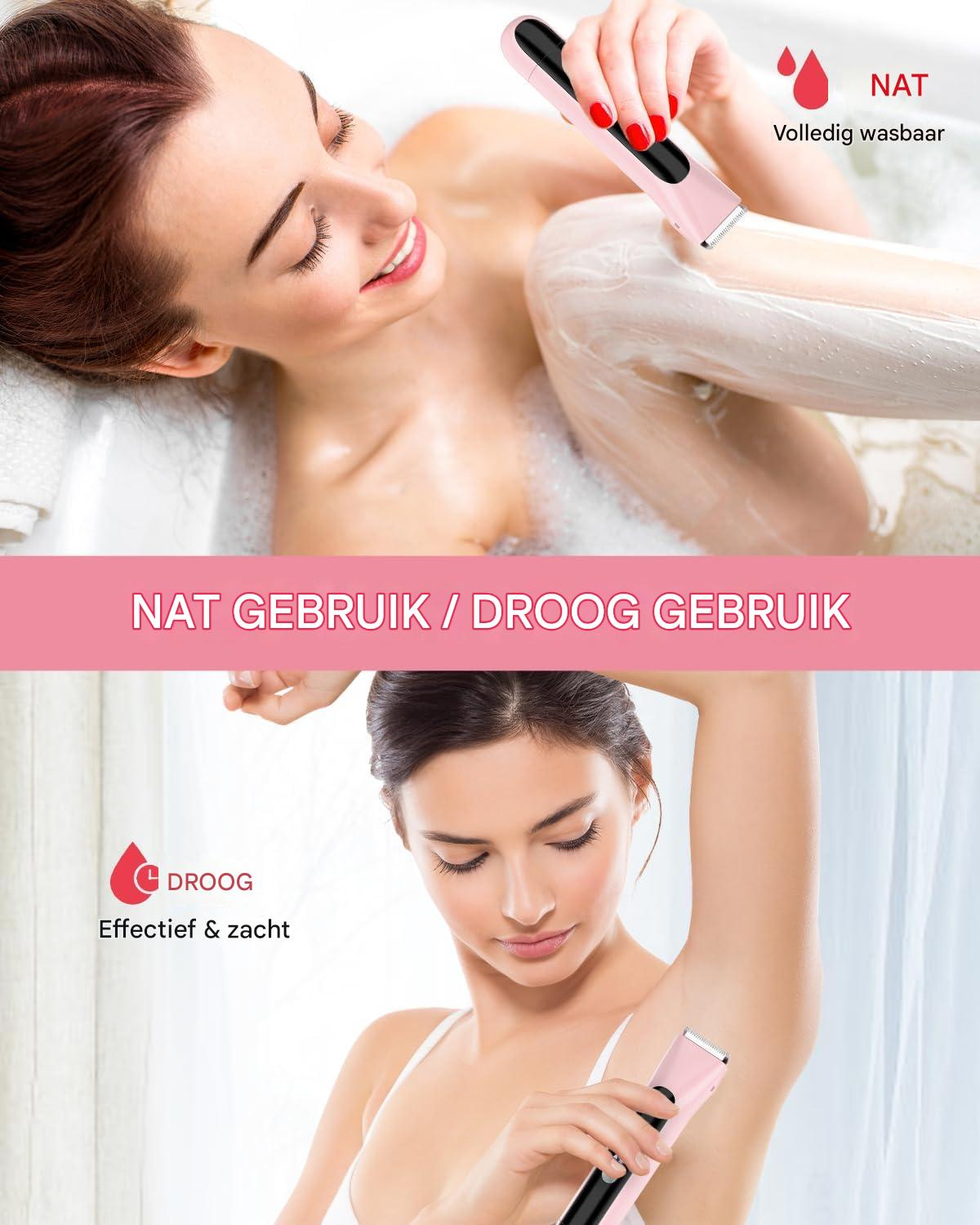 Frau in Badewanne mit pinkem Trimmer, Nass- und Trockenanwendung.