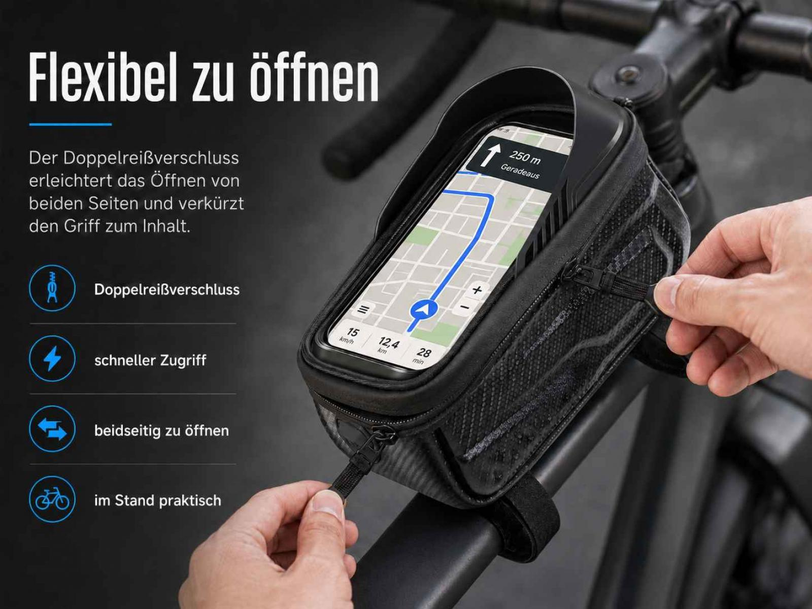 Fahrradtasche mit Handyhalterung zeigt Navigations-App. Zipper wird geöffnet.
