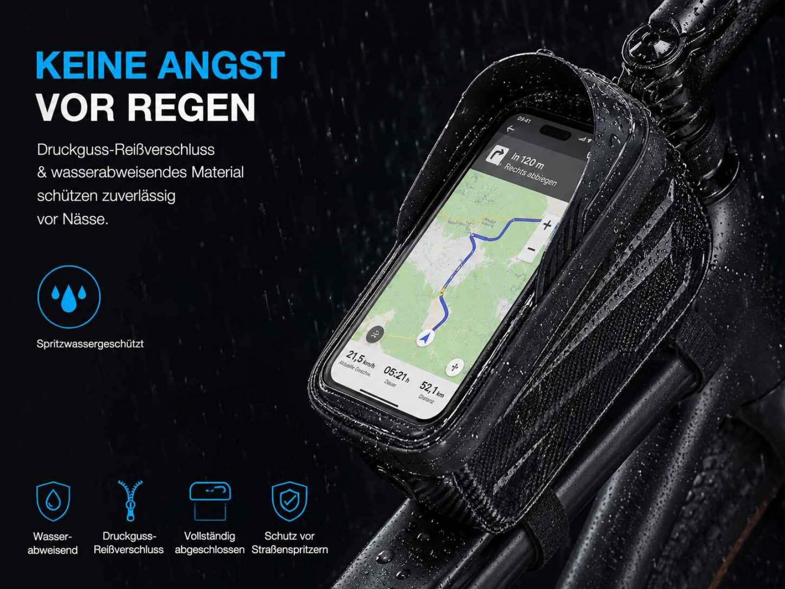 Wasserdichte Fahrradhalterung mit Navigation, schützt vor Regen.