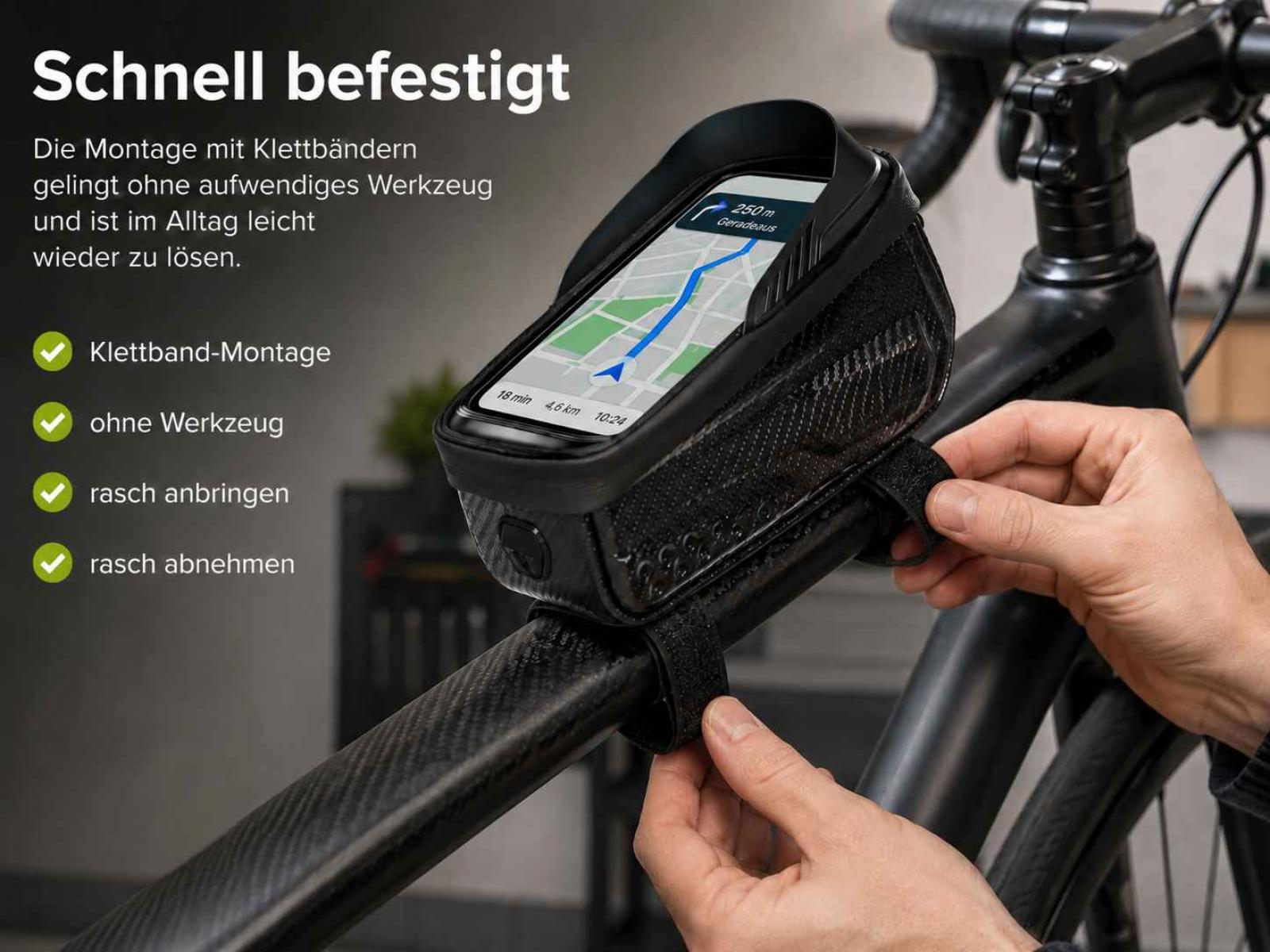 Fahrradhalterung mit Klettband wird an Lenker befestigt. Handy zeigt Navigationskarte.