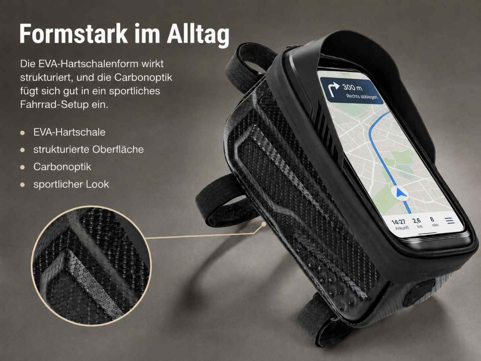 Schwarze Fahrradtasche mit Smartphone-Halterung, zeigt eine Navigations-App.