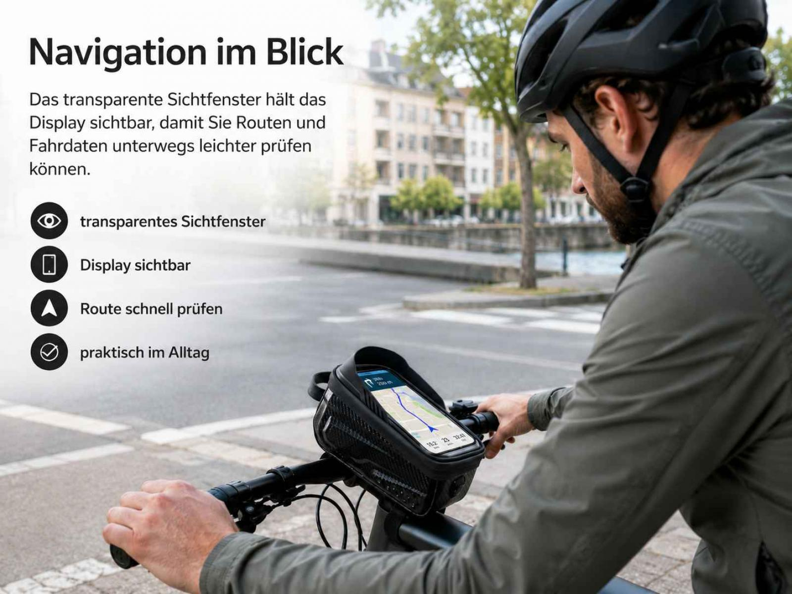 Ein Mann auf einem Fahrrad mit einer Navigations-Handytasche am Lenker.
