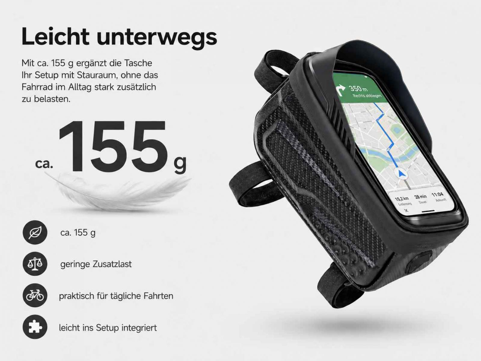 Leichte Fahrradtasche mit Navigation auf dem Handy-Display, wiegt nur 155 g.
