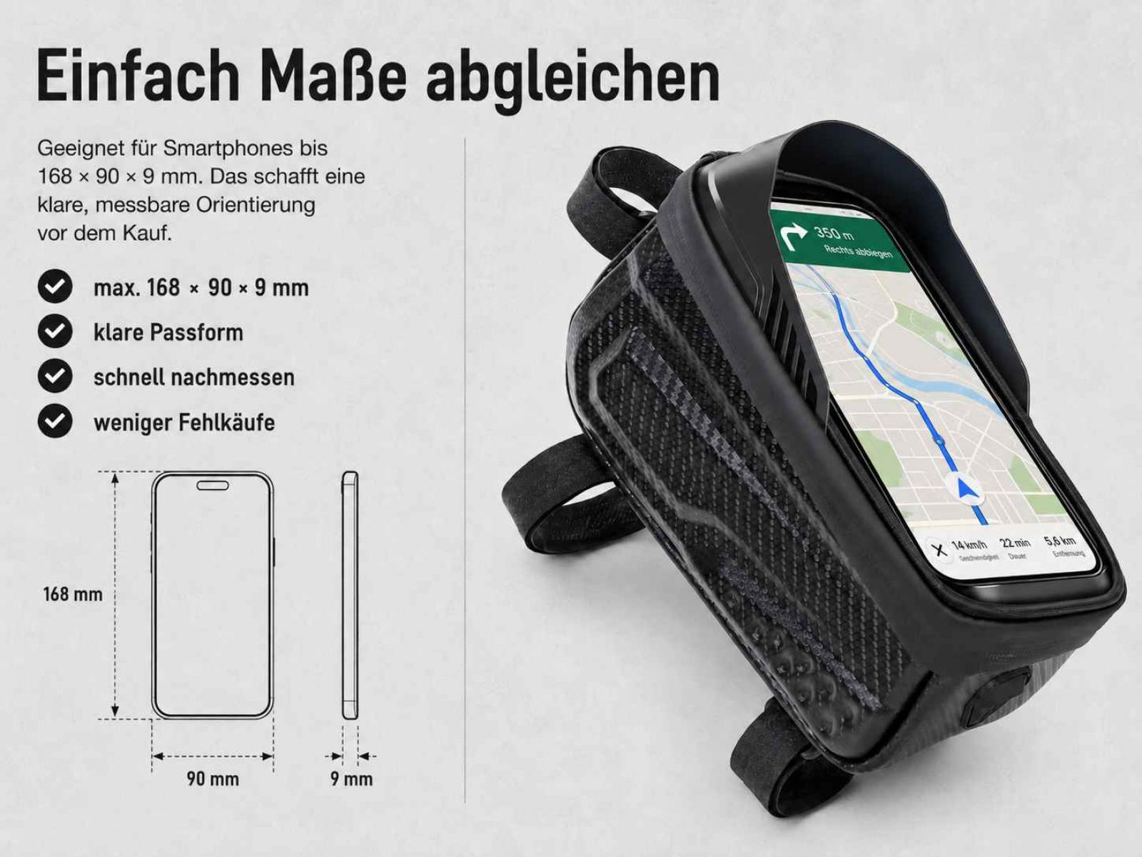 Fahrradhalterung mit Smartphone, zeigt Navigations-App. Maße 168x90x9mm.
