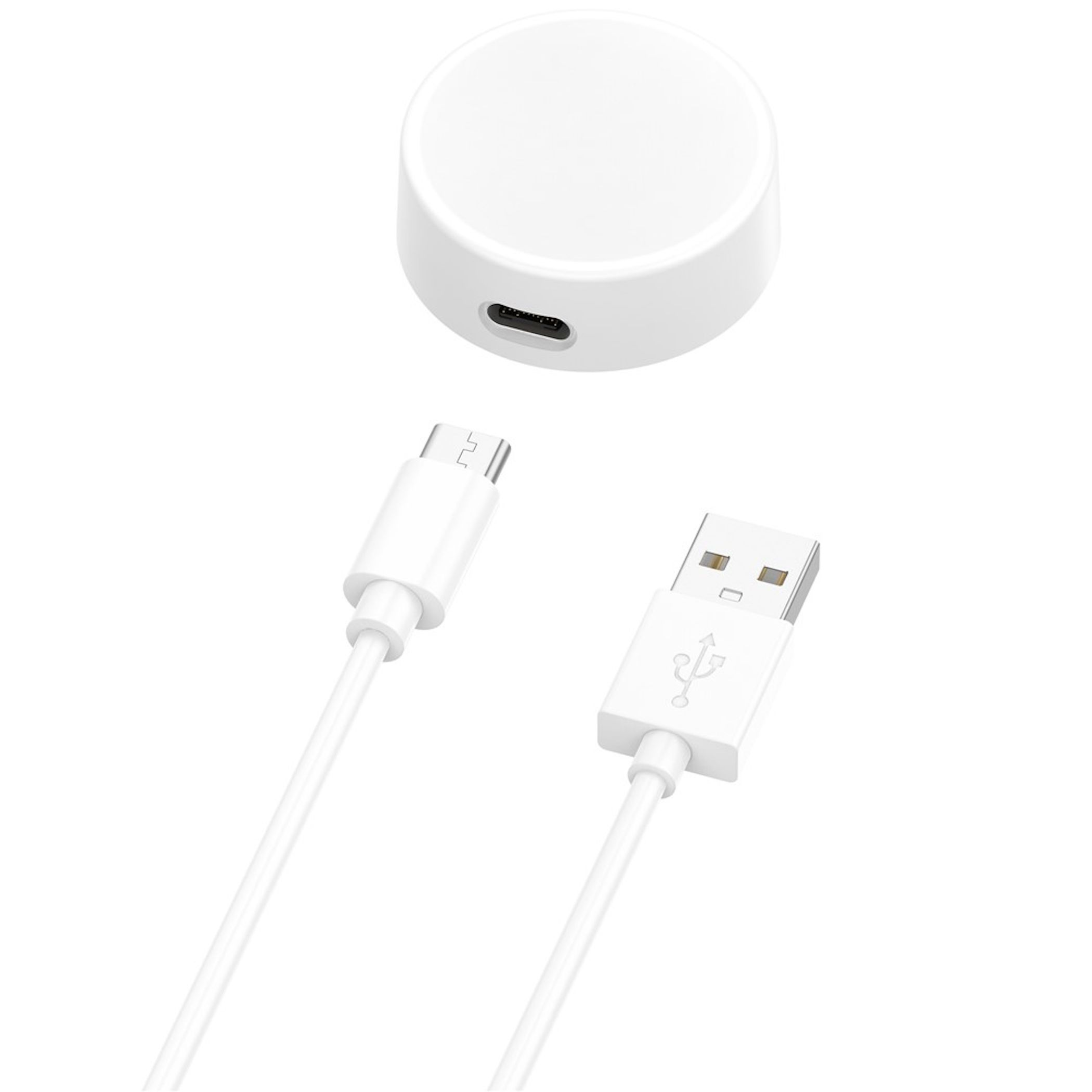 Ein weißes USB-C-Gerät und ein weißes USB-A-Kabel auf weißem Hintergrund.