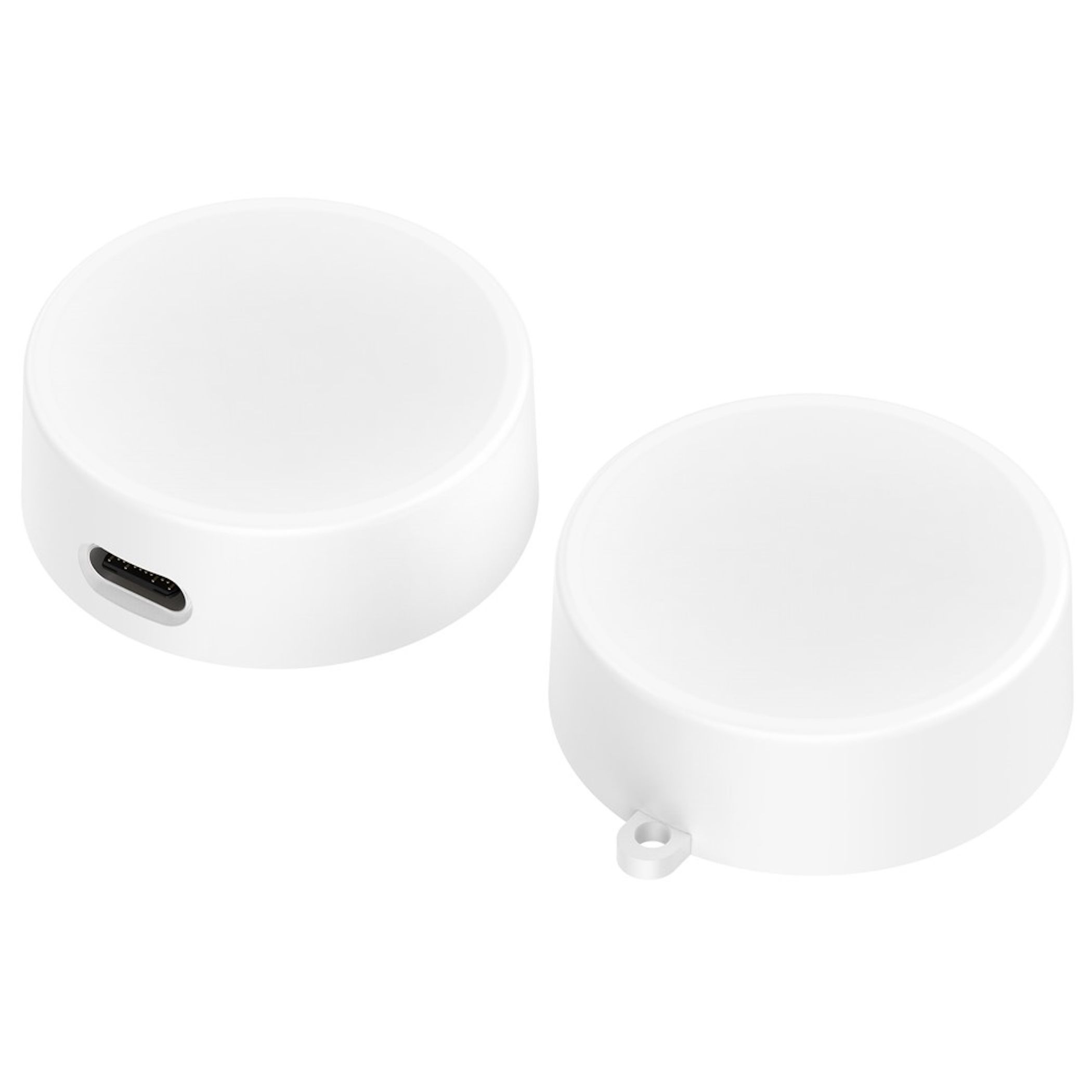 Zwei weiße, runde Geräte nebeneinander. Eines hat einen USB-C-Anschluss.