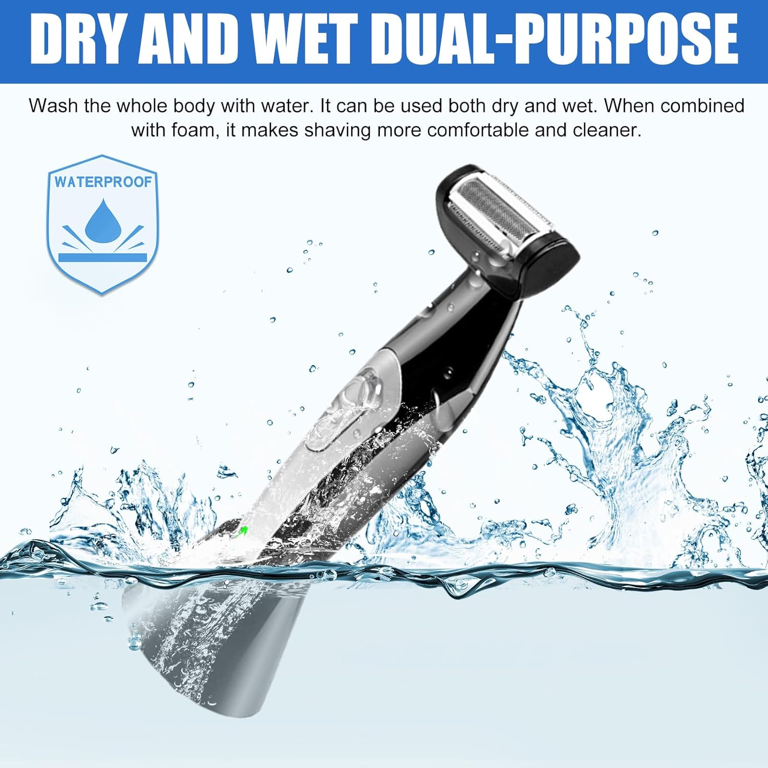 Wasserdichter Rasierer in einer Wasserspritzszene mit "WATERPROOF"-Symbol.