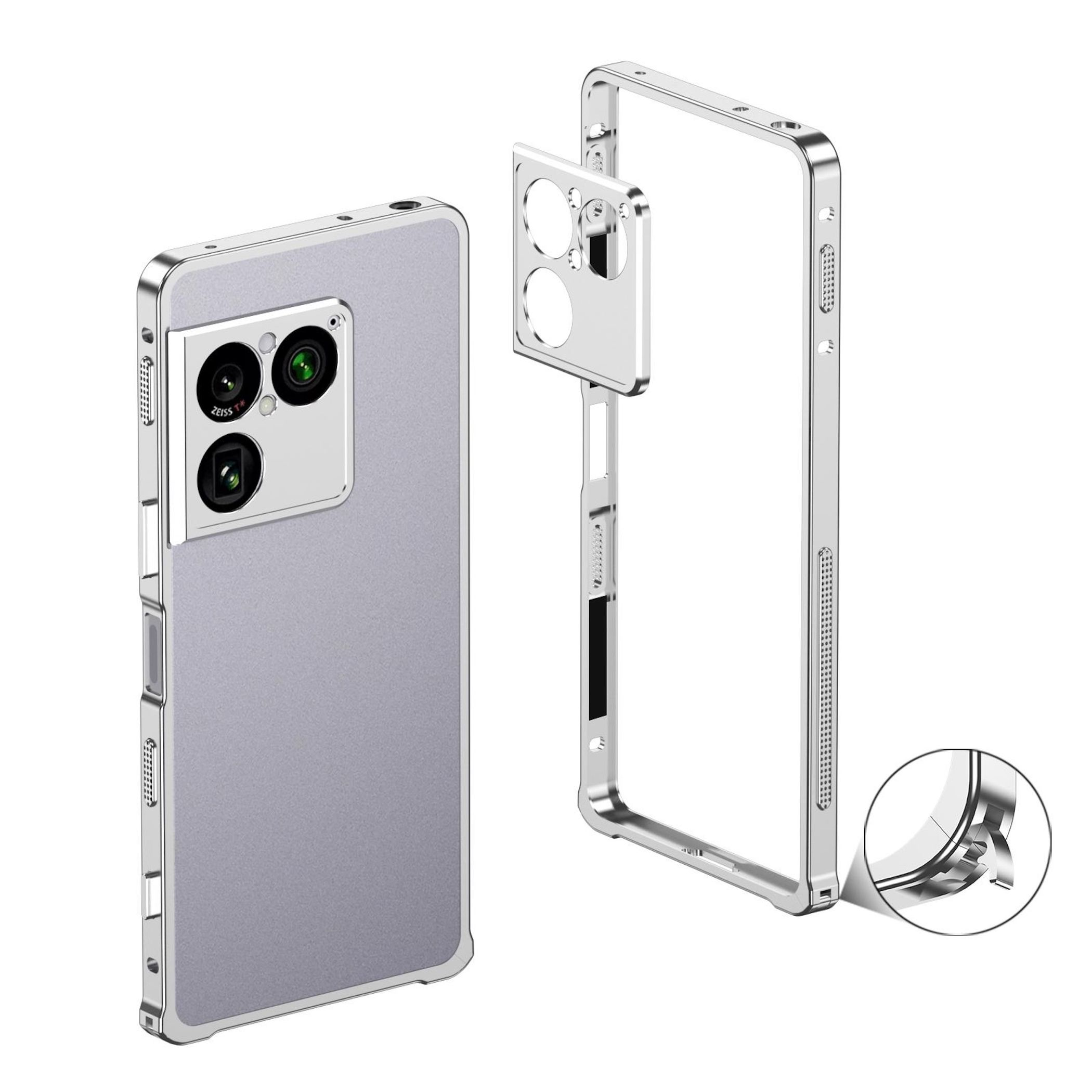 Silbernes Handy mit Kamera, daneben ein silberner Rahmen.