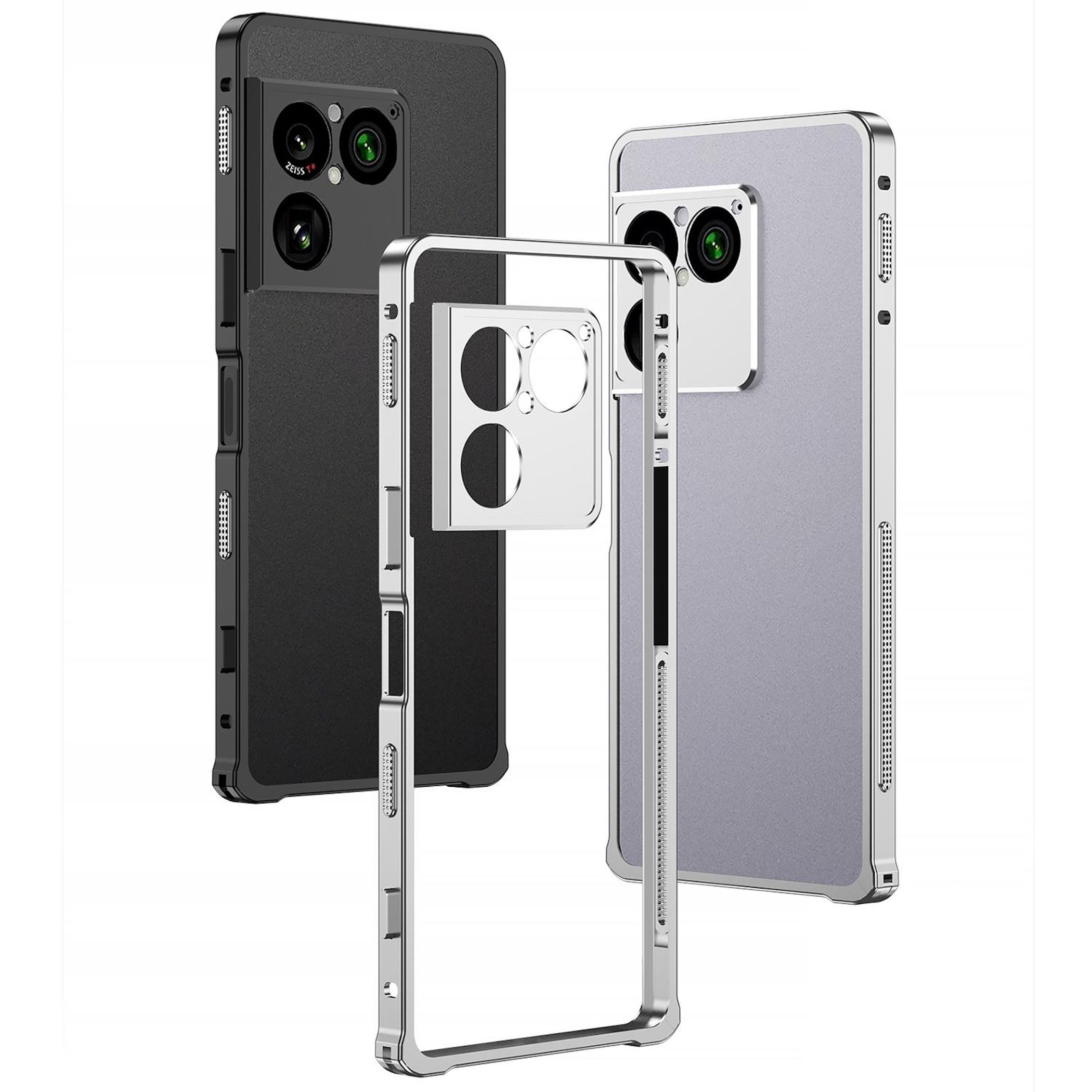 Drei Smartphone-Hüllen: schwarz, transparent und silber. Alle mit Kameraausschnitt.