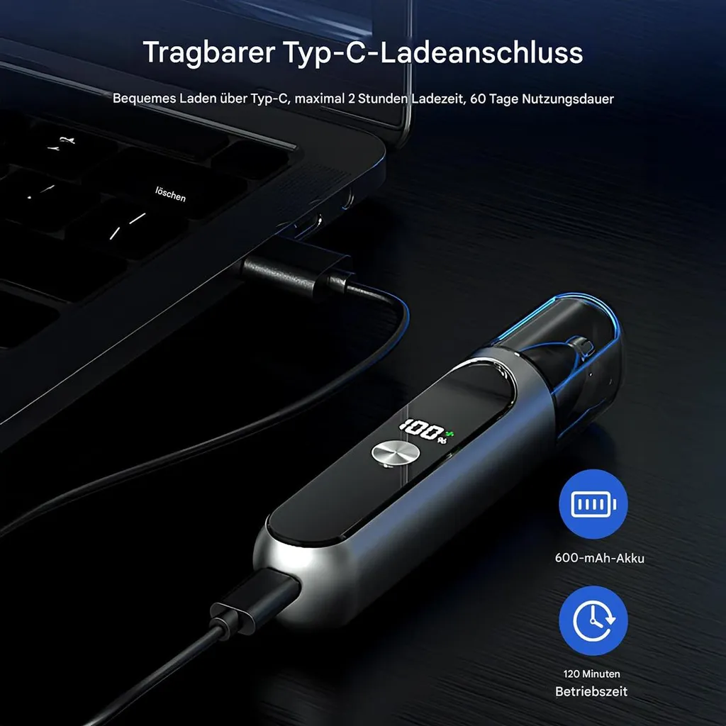 Ein tragbares Gerät wird per USB-C an einen Laptop angeschlossen, zeigt 100% Akku.