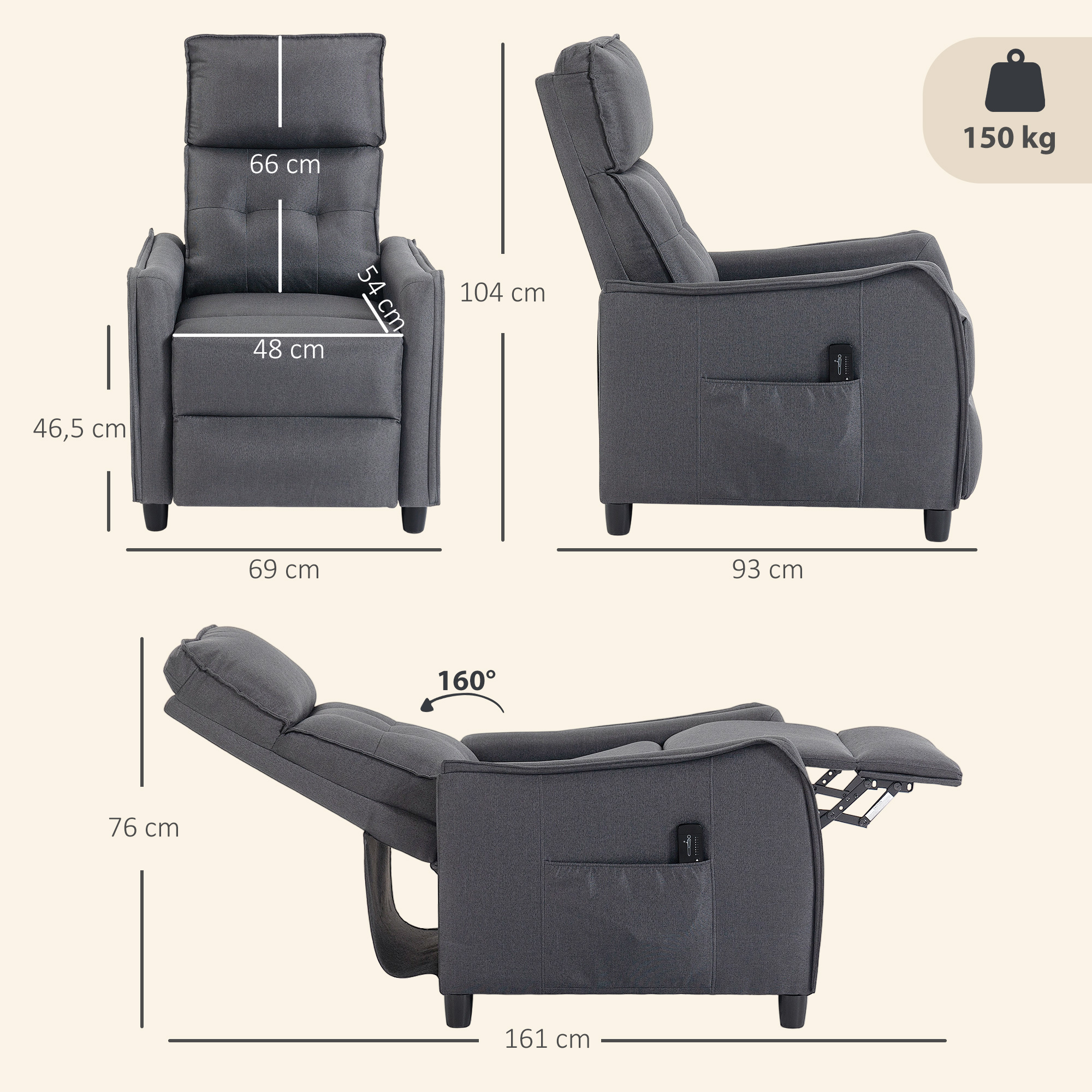 Sillón reclinable gris con dimensiones mostradas. Peso máx. 150 kg.