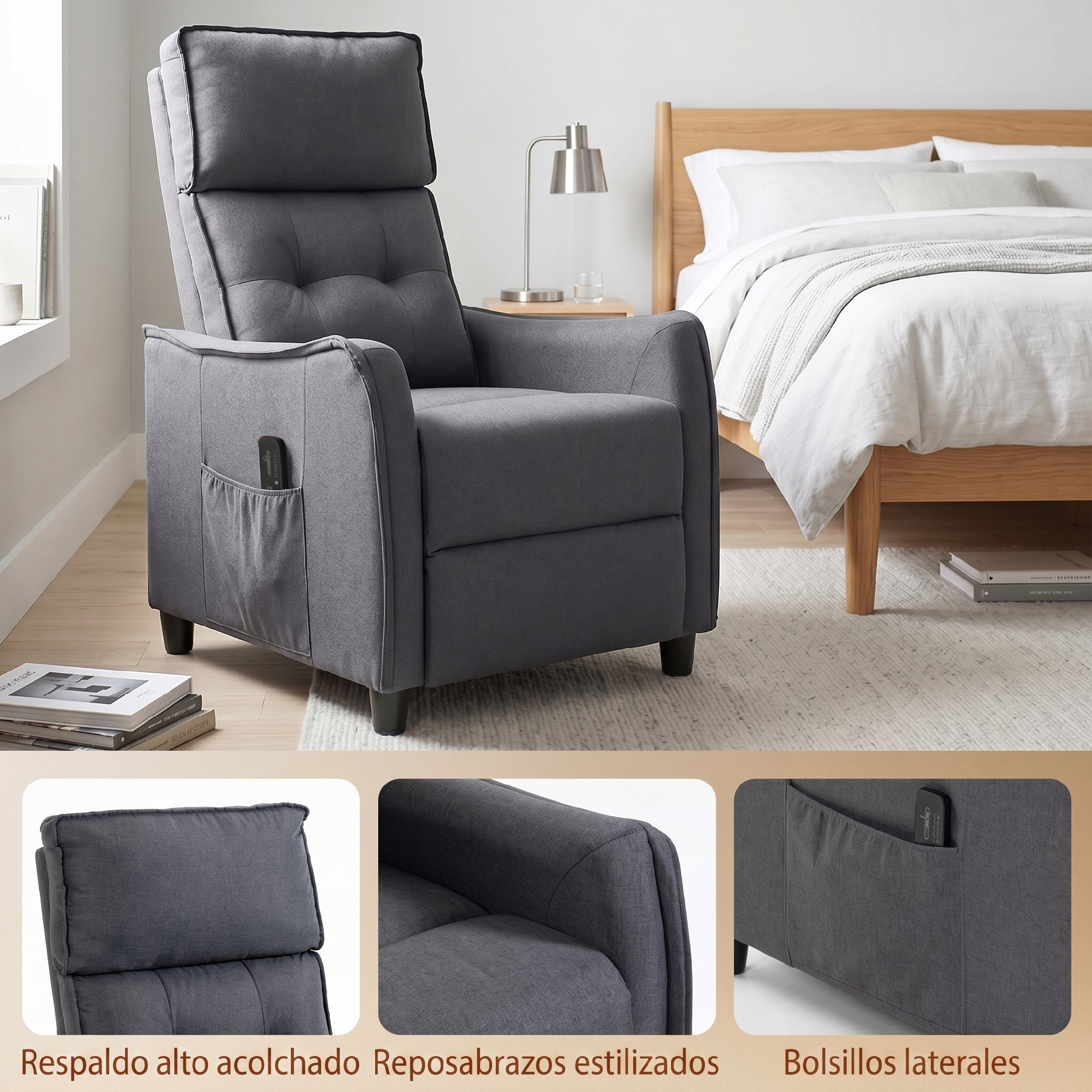 Un sillón reclinable gris oscuro con respaldo alto junto a una cama.