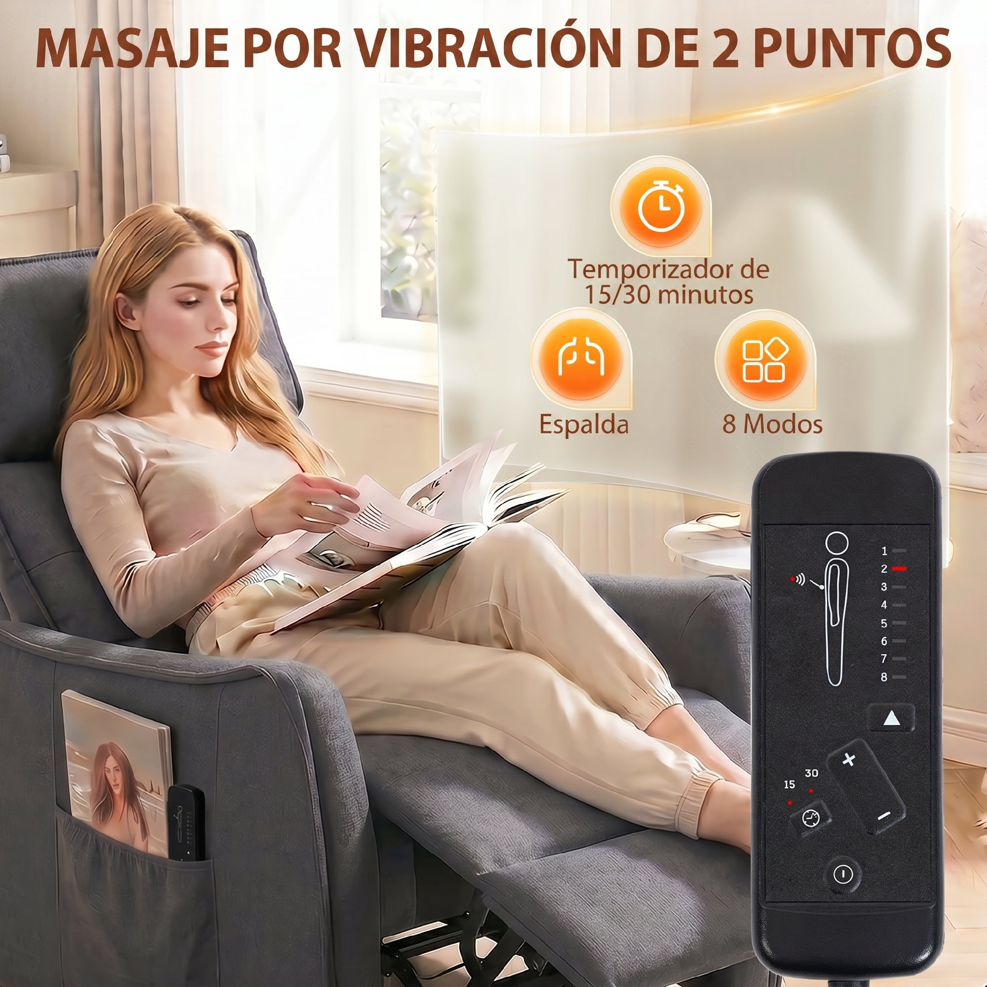 Mujer lee en sillón, mando de masaje cerca. Iconos: temporizador, espalda, modos. Texto: masaje vibratorio 2 puntos.