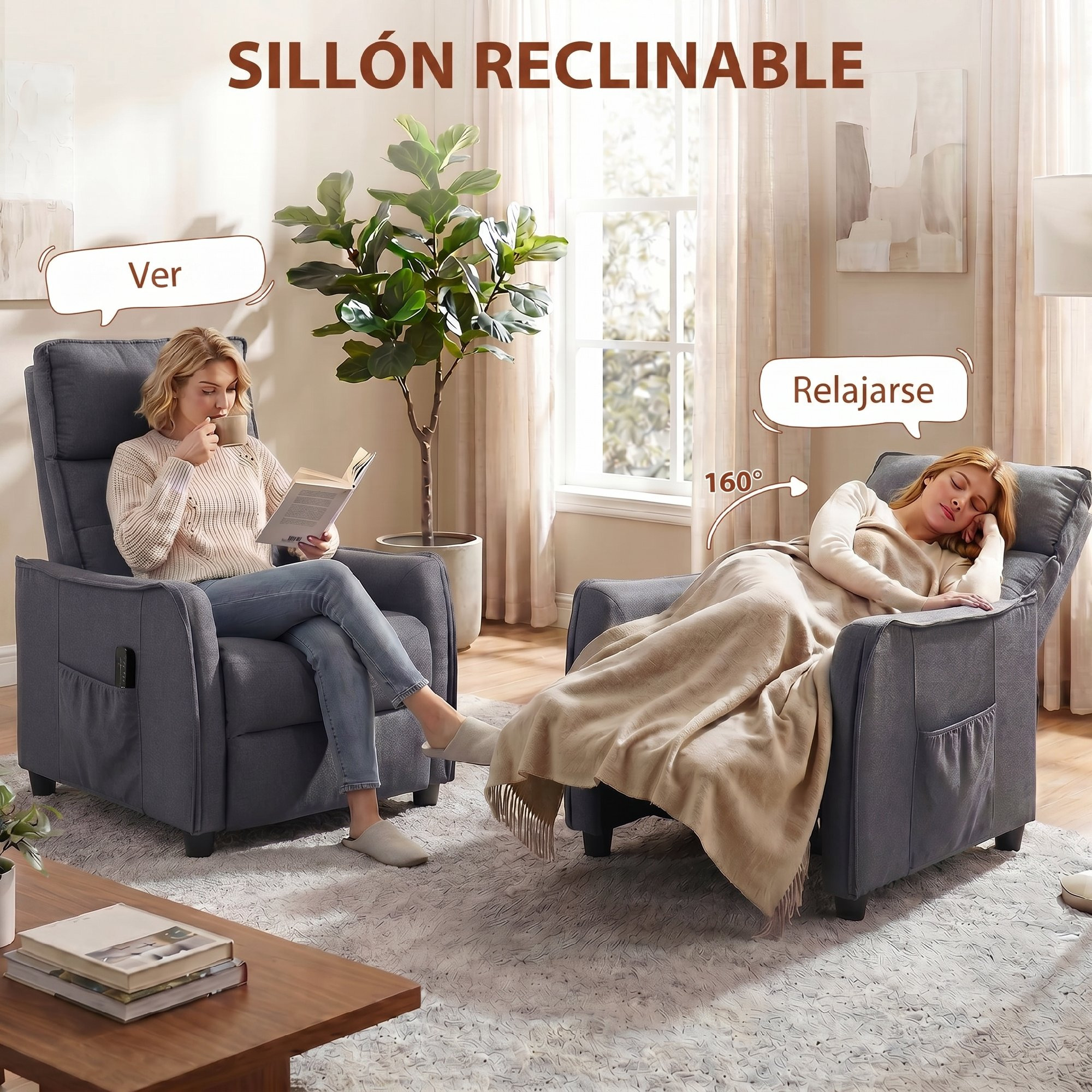 Dos mujeres en una sala de estar, una leyendo, la otra durmiendo en un sillón.