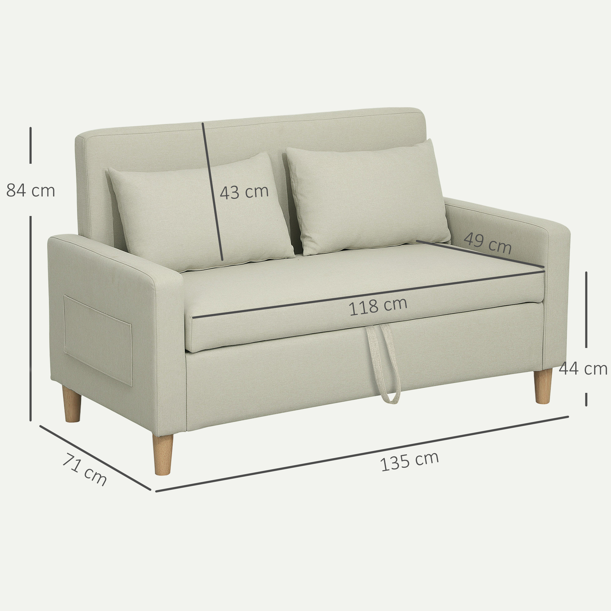 Un sofá beige claro con dos cojines y dimensiones, sobre fondo neutro.