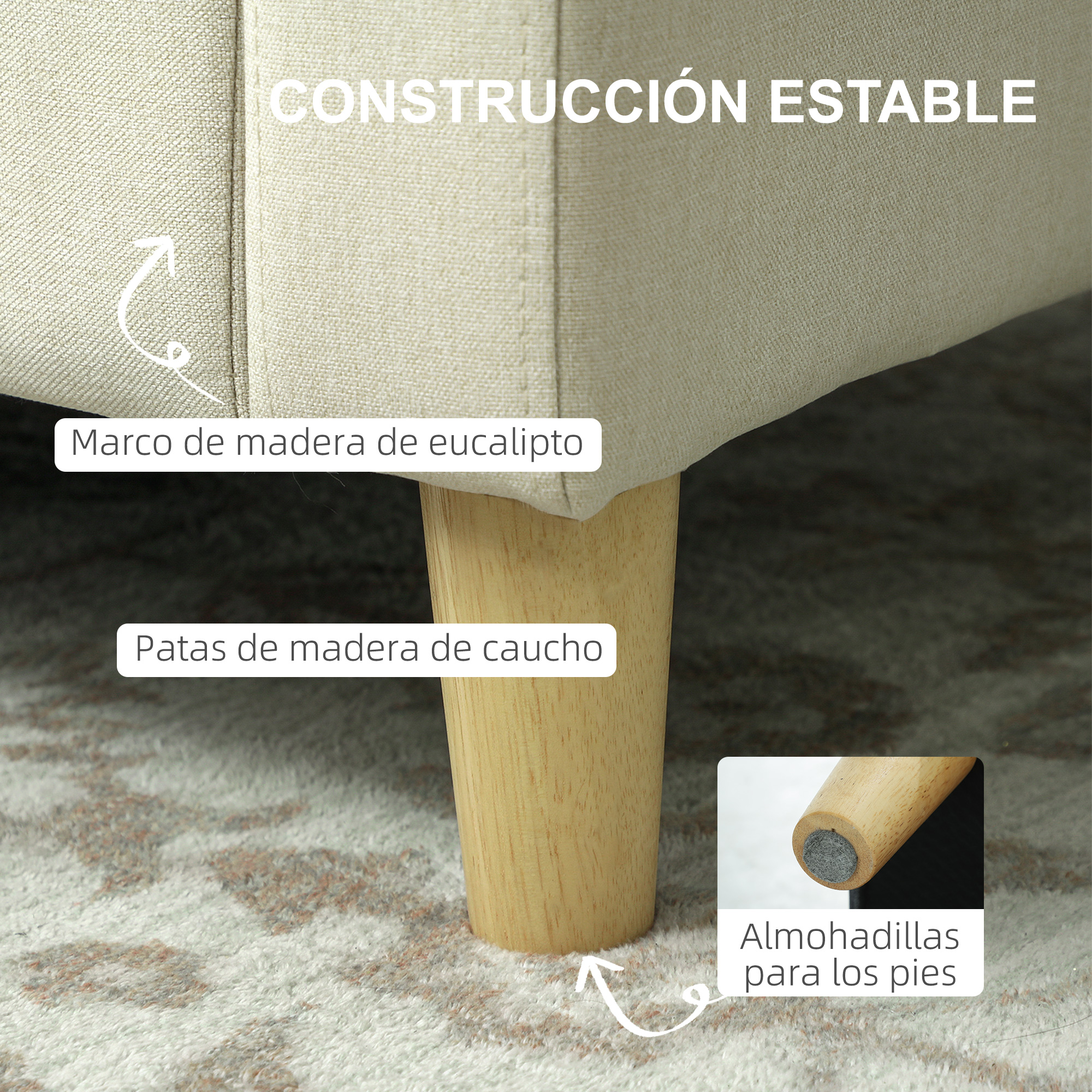 Tapicería de tela clara con patas de madera. Texto explica construcción.
