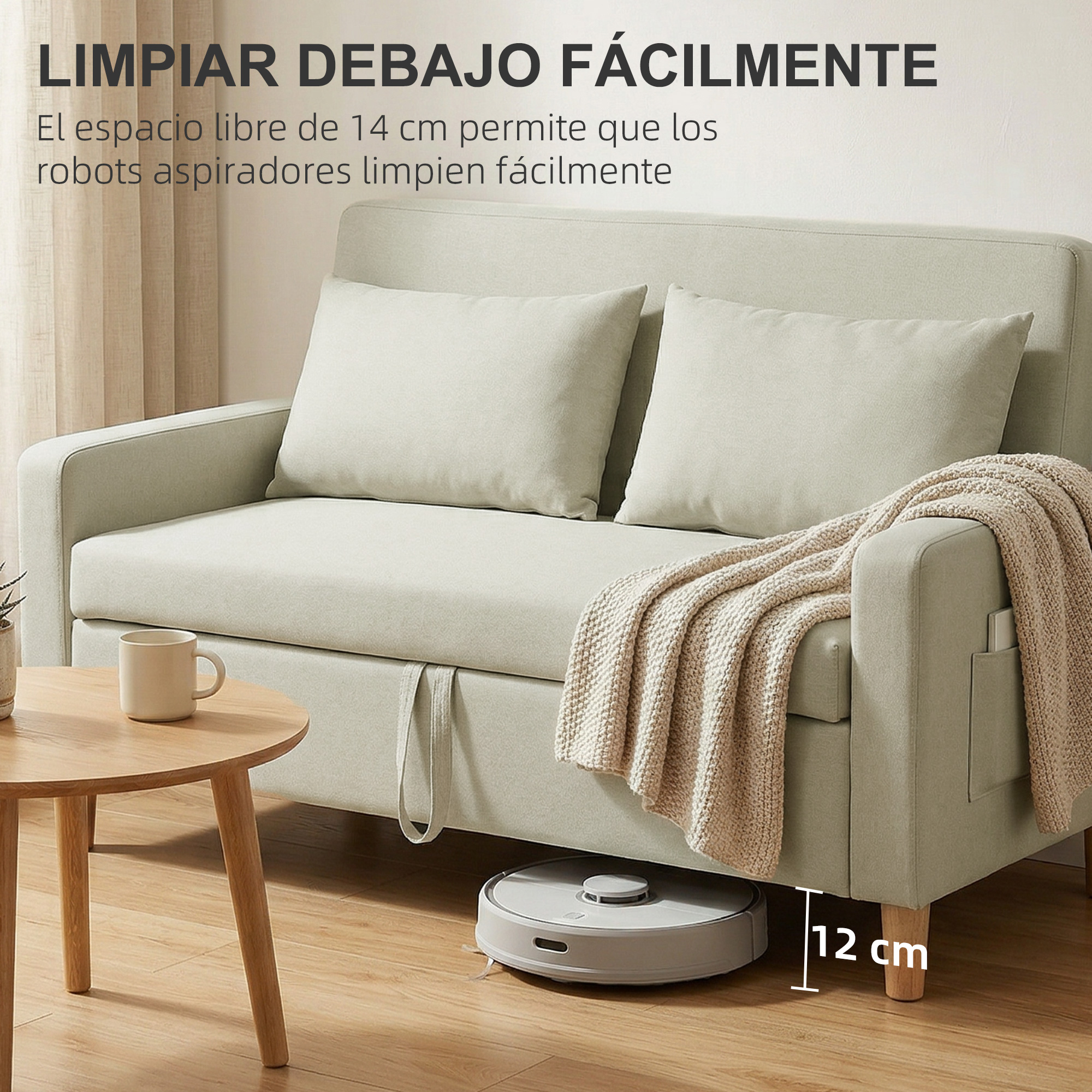 Un robot aspirador limpia bajo un sofá verde claro. Espacio de 12 cm.