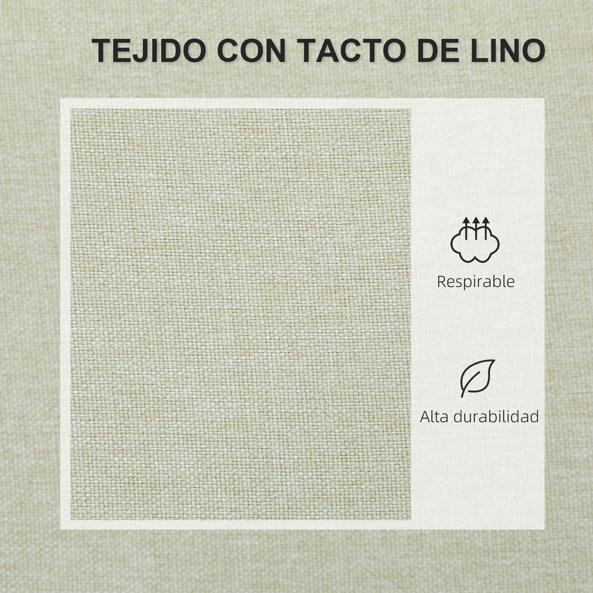 Tejido beige con textura de lino, con iconos de "Transpirable" y "Alta Durabilidad".