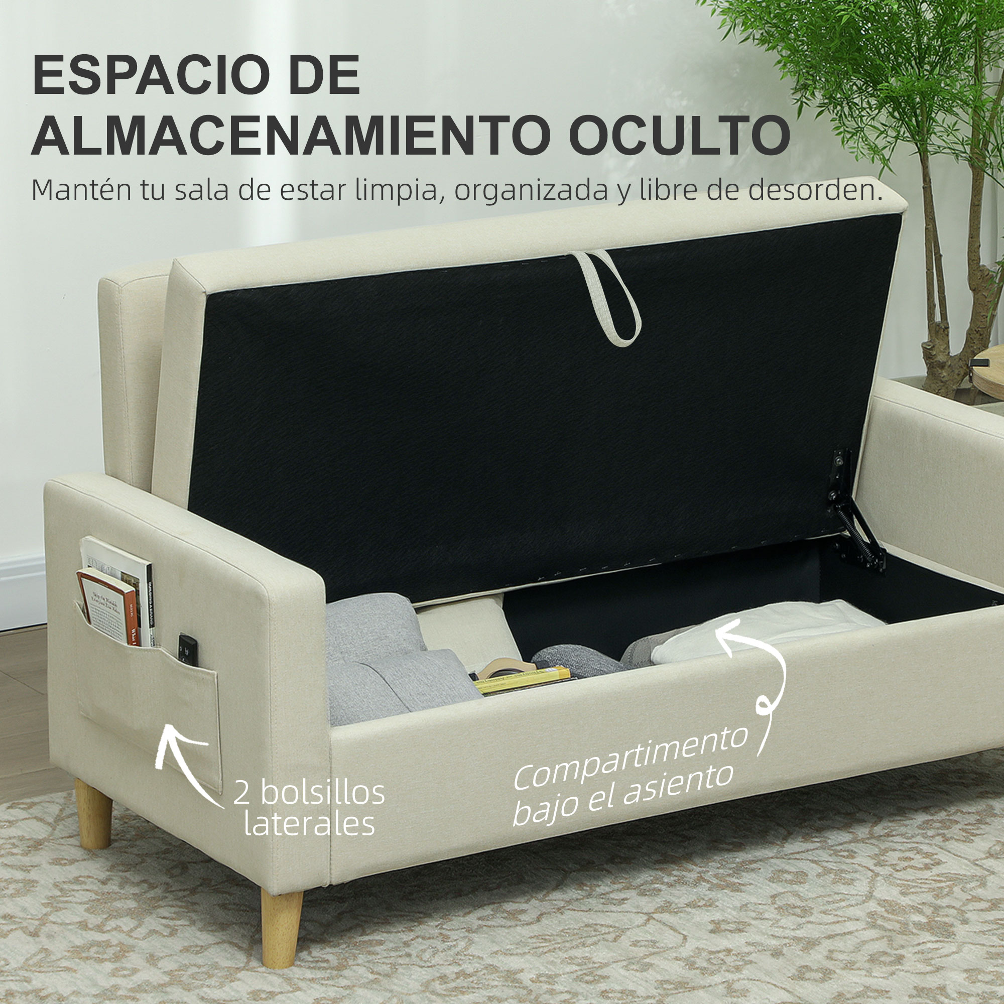 Sofá beige con compartimento de almacenamiento abierto, bolsillos laterales.