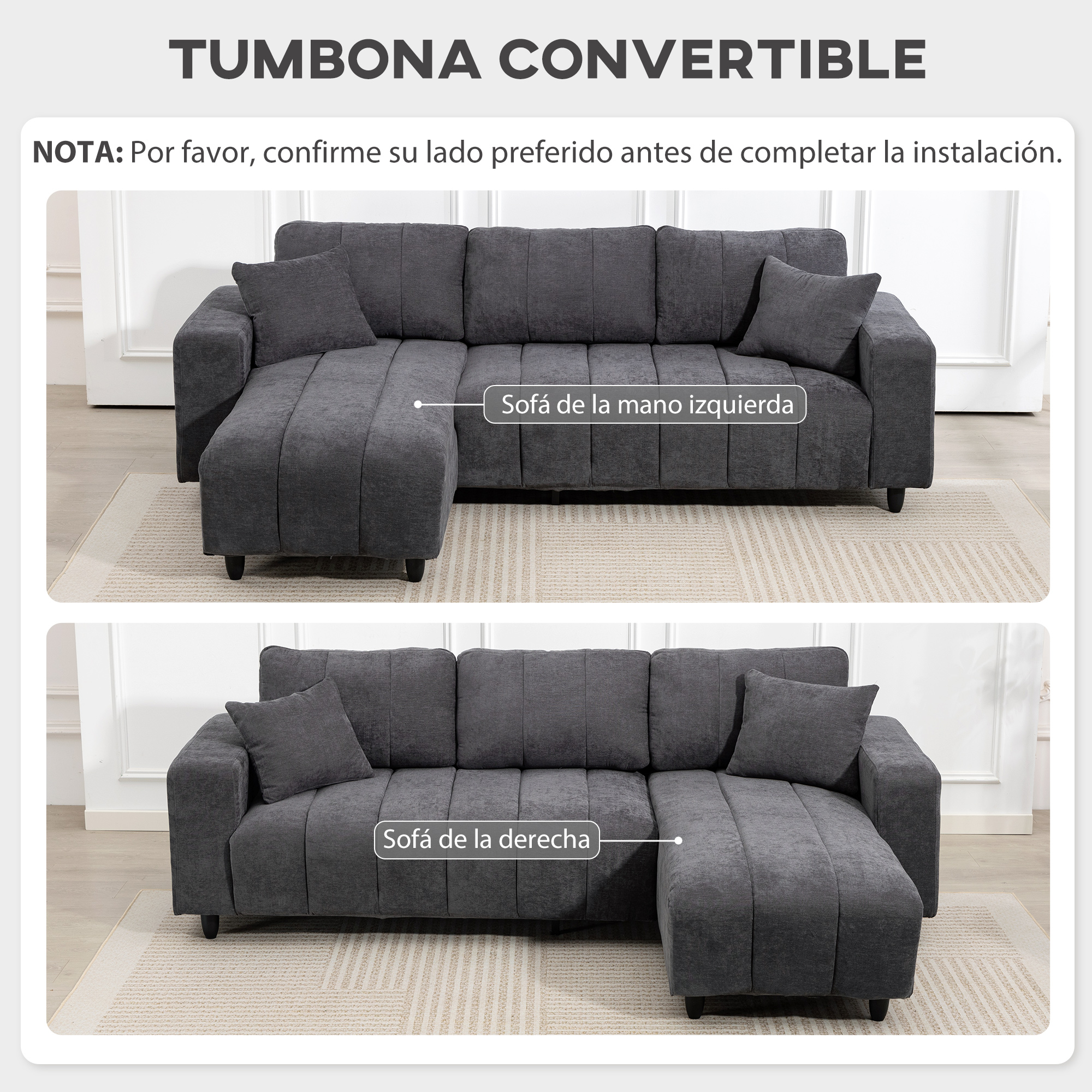 Sofá seccional gris mostrado en configuraciones izquierda y derecha.
