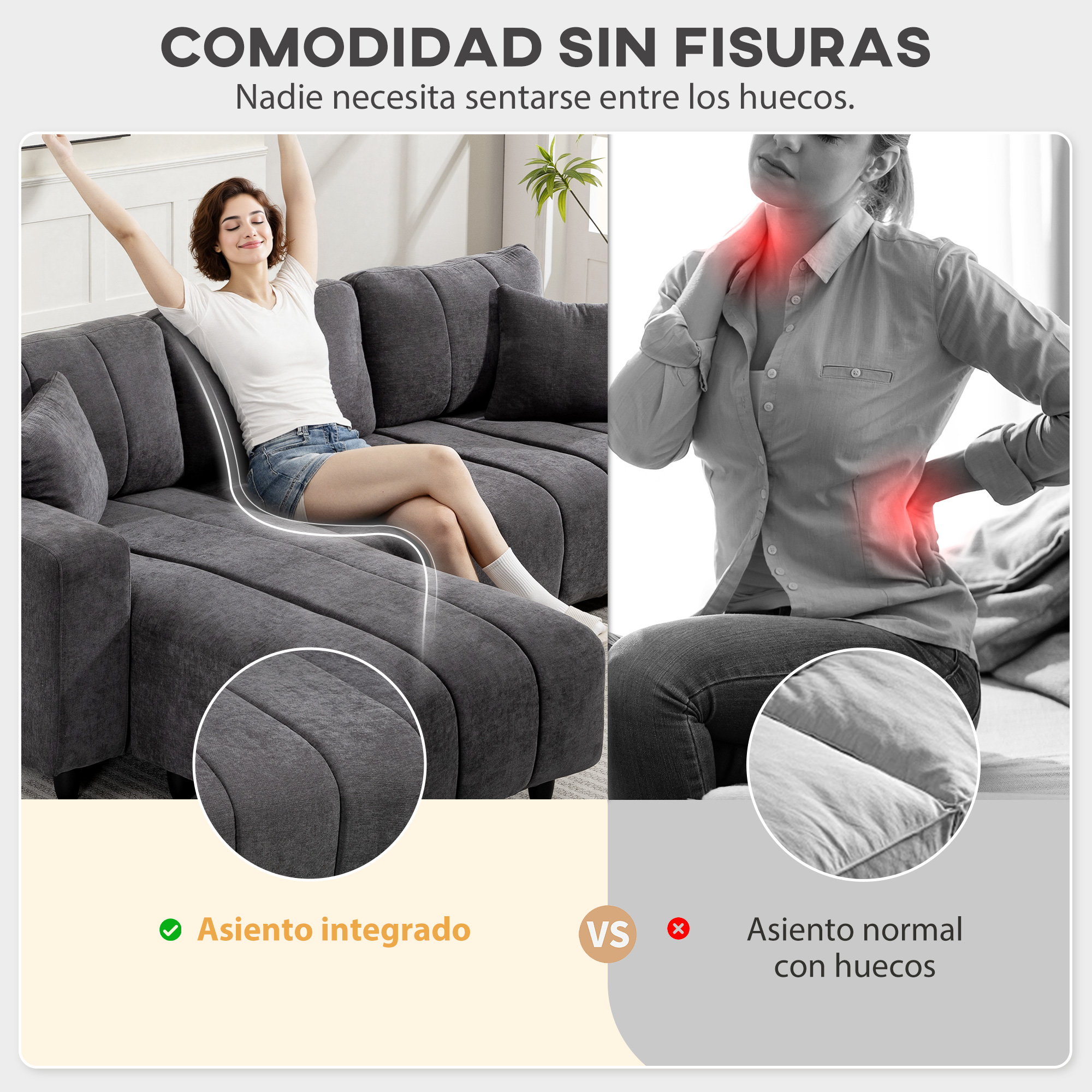 Comodidad sin huecos: Mujer relajándose en sofá, otra con dolor de espalda.