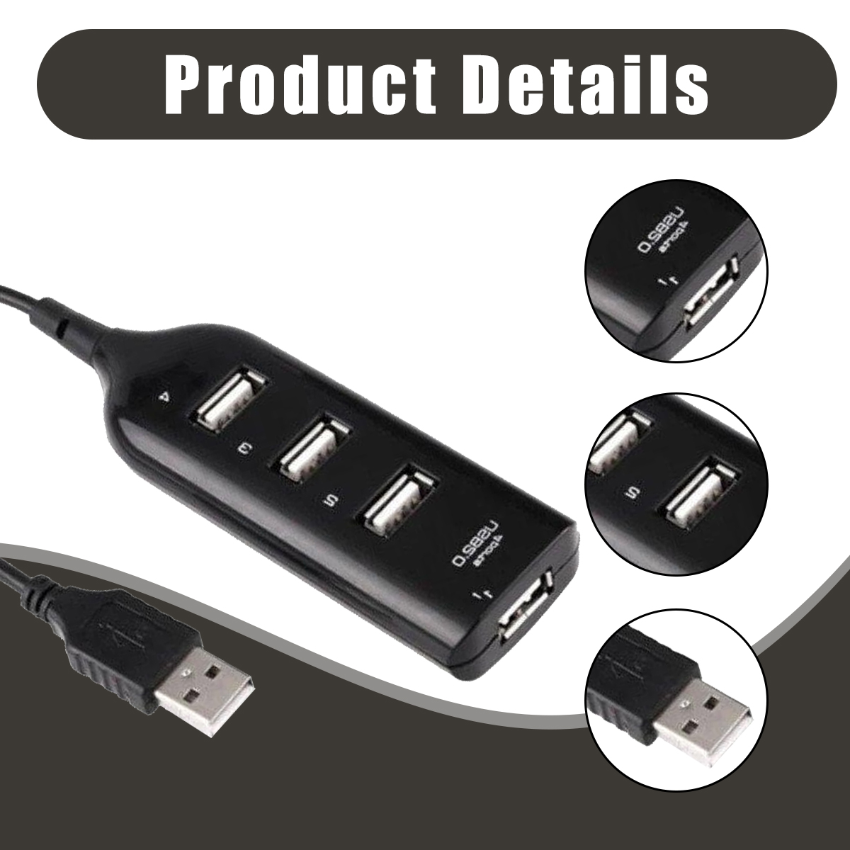 Schwarzer USB-Hub mit vier Anschlüssen und einem USB-A-Stecker, Nahaufnahmen.