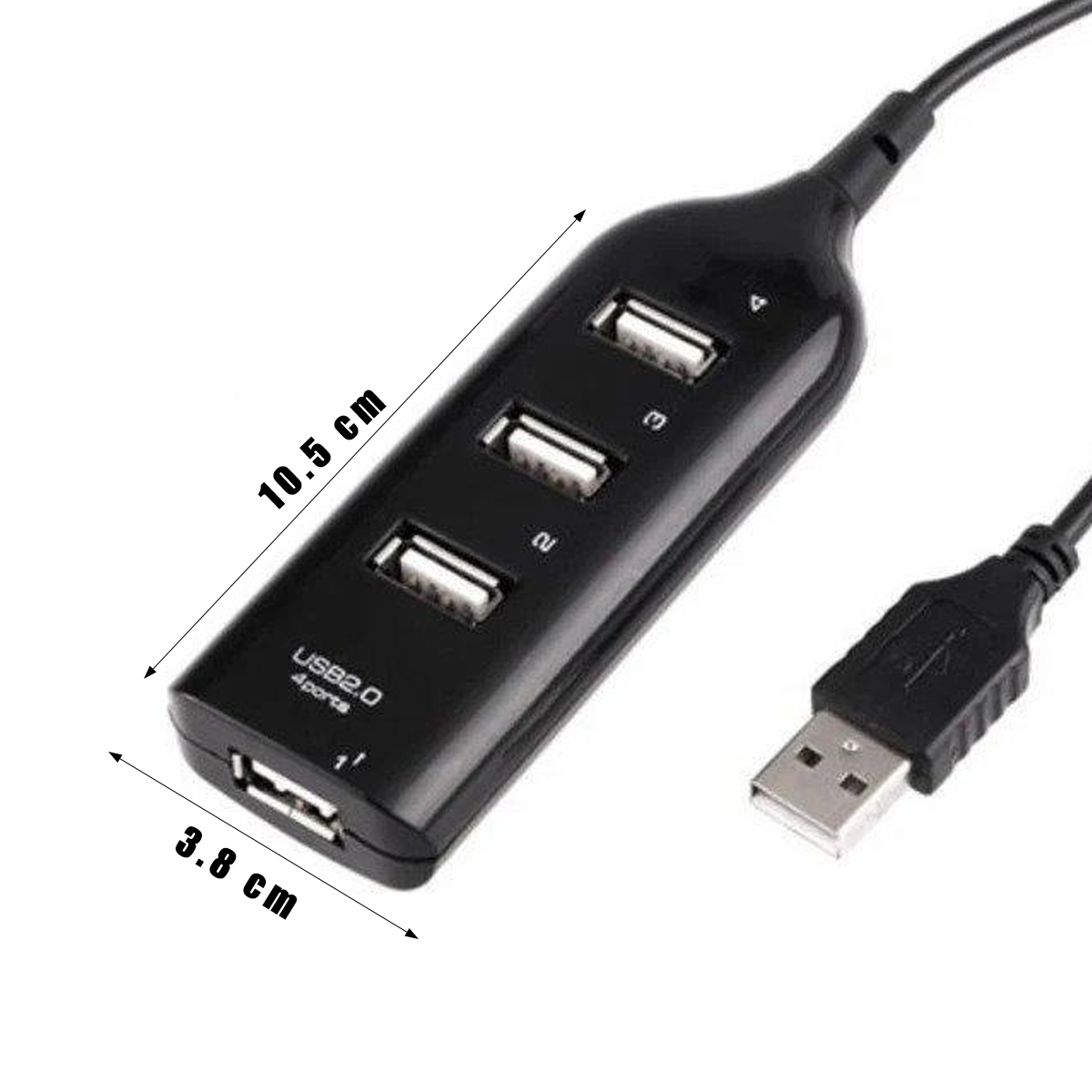 Schwarzer 4-Port USB 2.0 Hub mit Maßen 10,5 cm x 3,8 cm und einem USB-Anschluss.