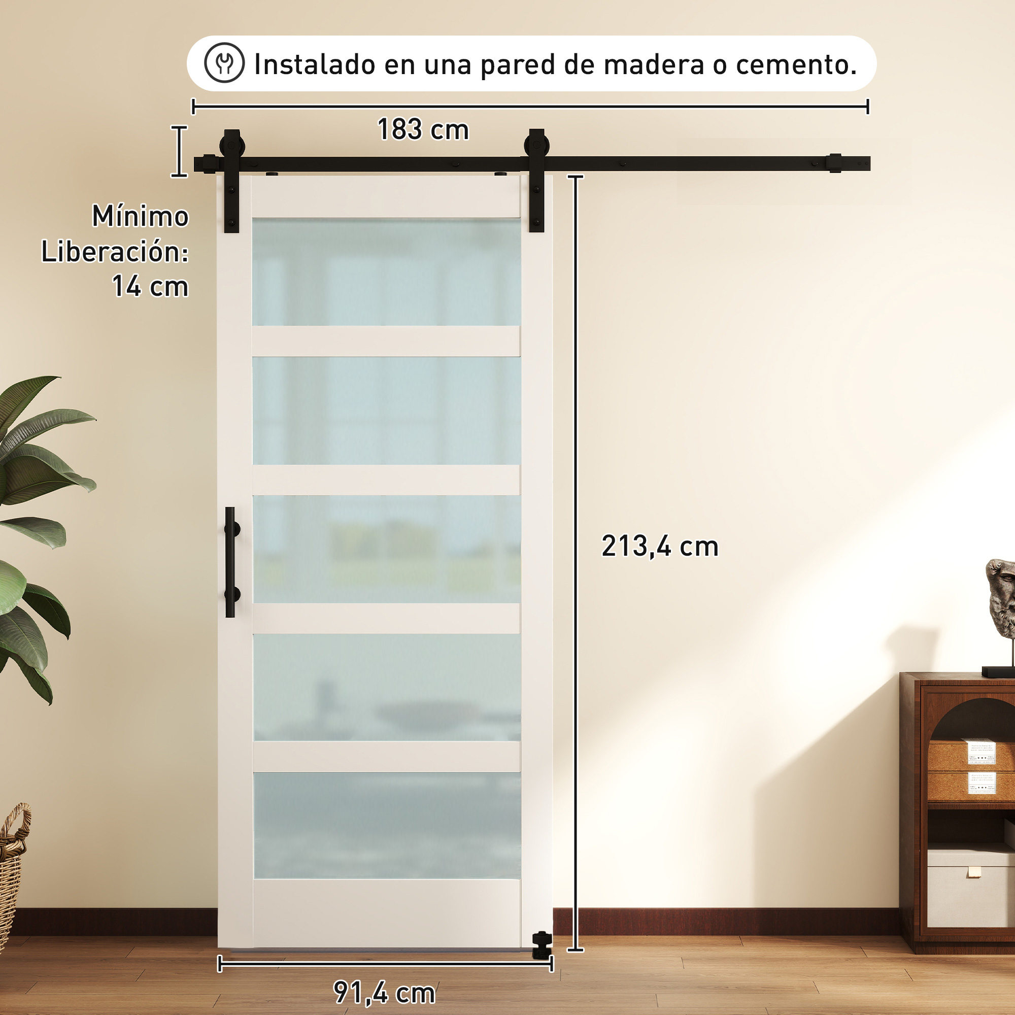 Puerta corrediza blanca con 4 paneles, 91,4x213,4 cm. Notas de instalación.