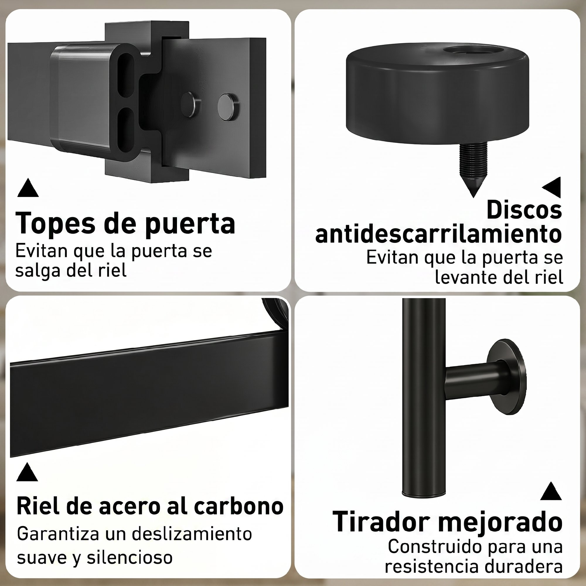 Topes de puerta negros, discos antidescarrilamiento, riel de acero y tirador.